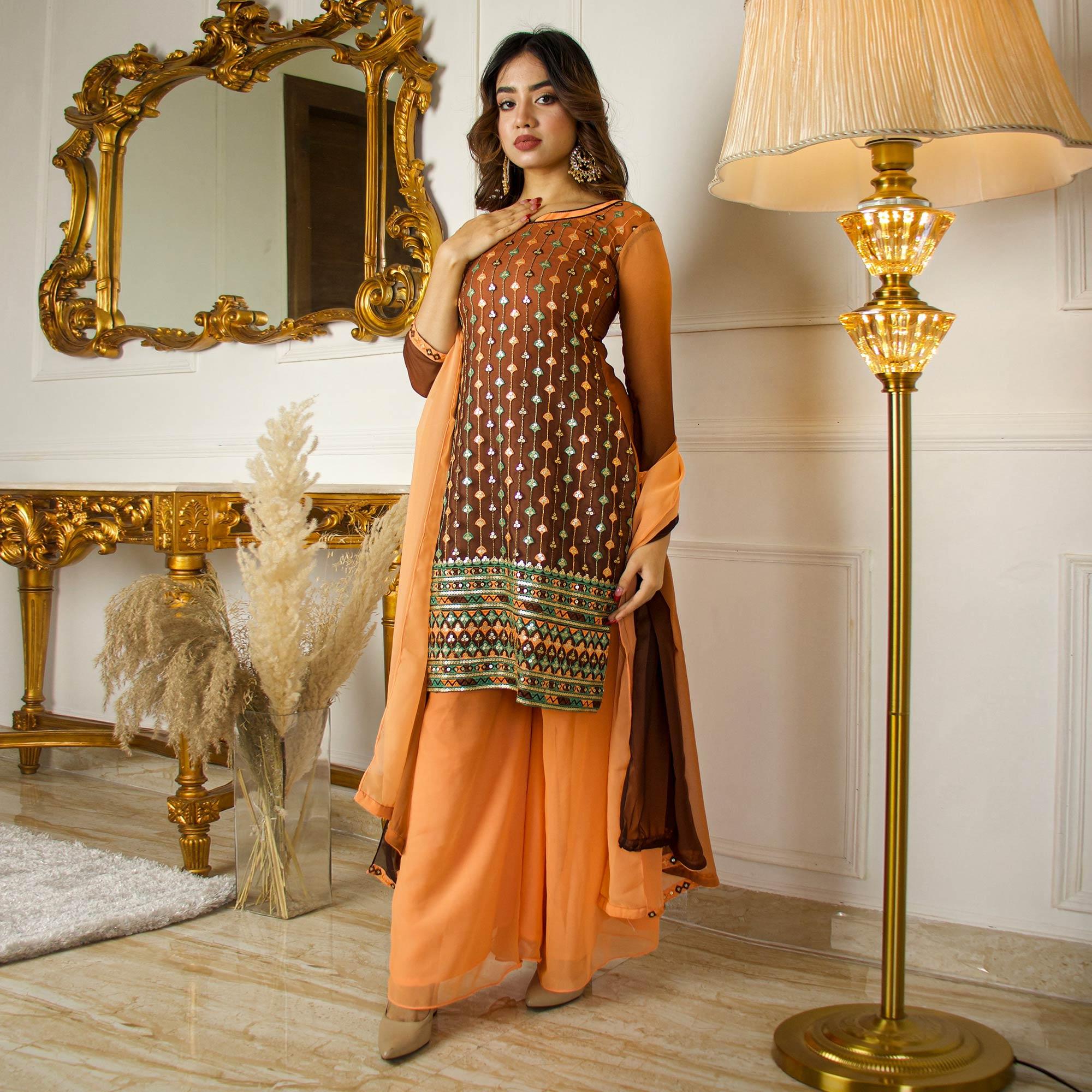 Brown Partywear Sequence Embroidered Georgette Palazzo Suit With Dupatta - Peachmode