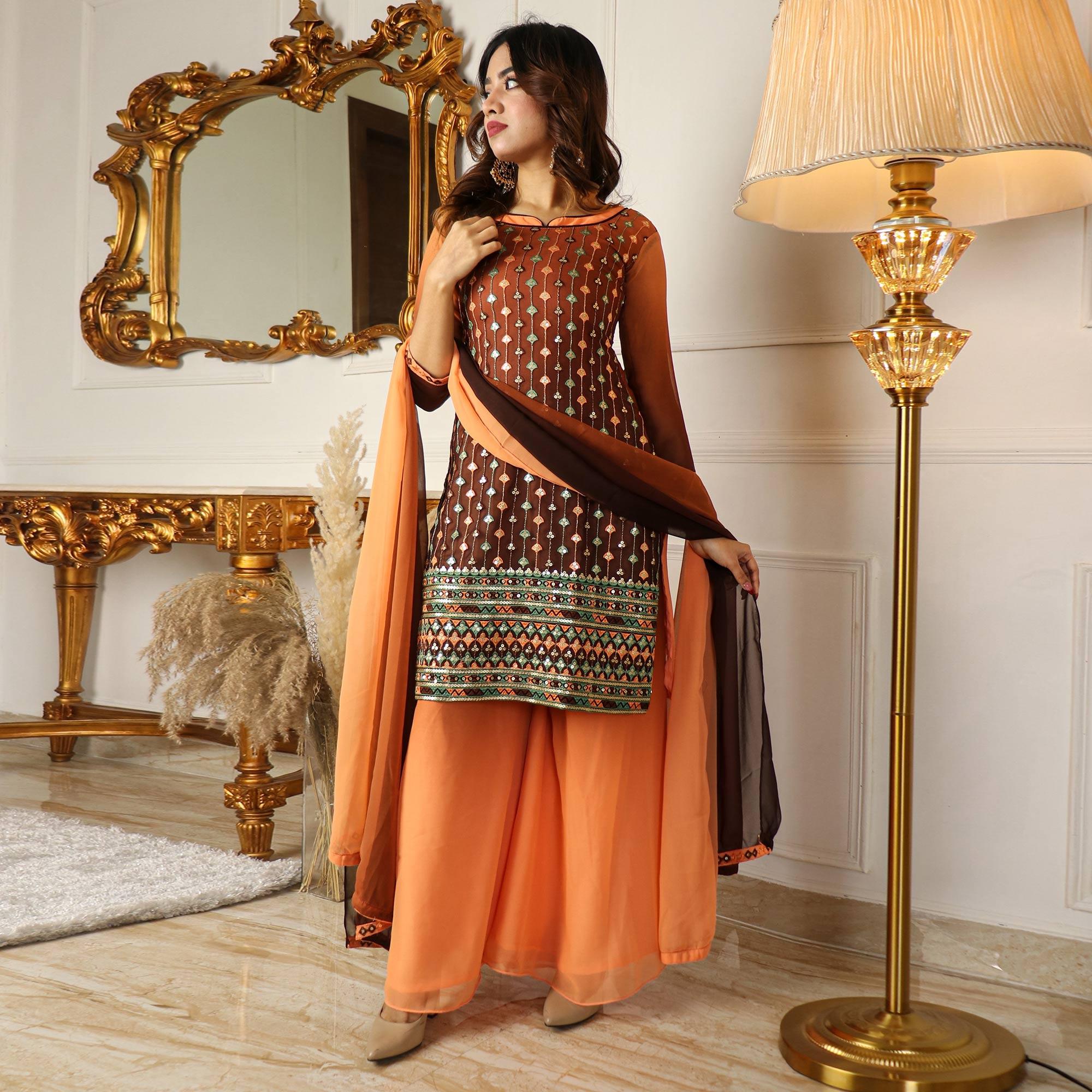 Brown Partywear Sequence Embroidered Georgette Palazzo Suit With Dupatta - Peachmode
