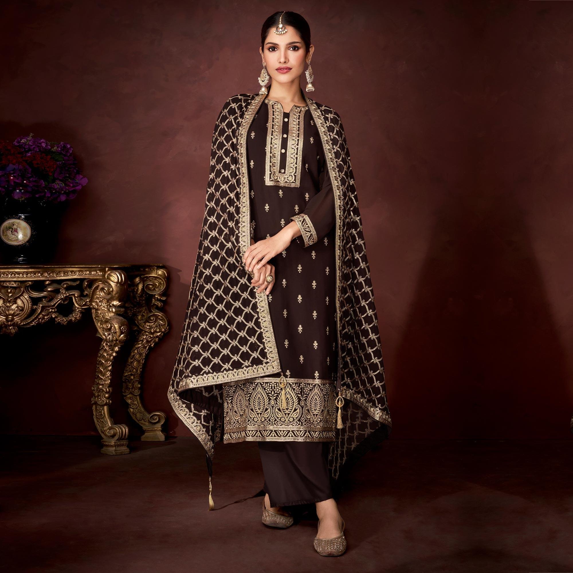 Brown Partywear Sequence Embroidered Heavy Faux Georgette Palazzo Suit - Peachmode