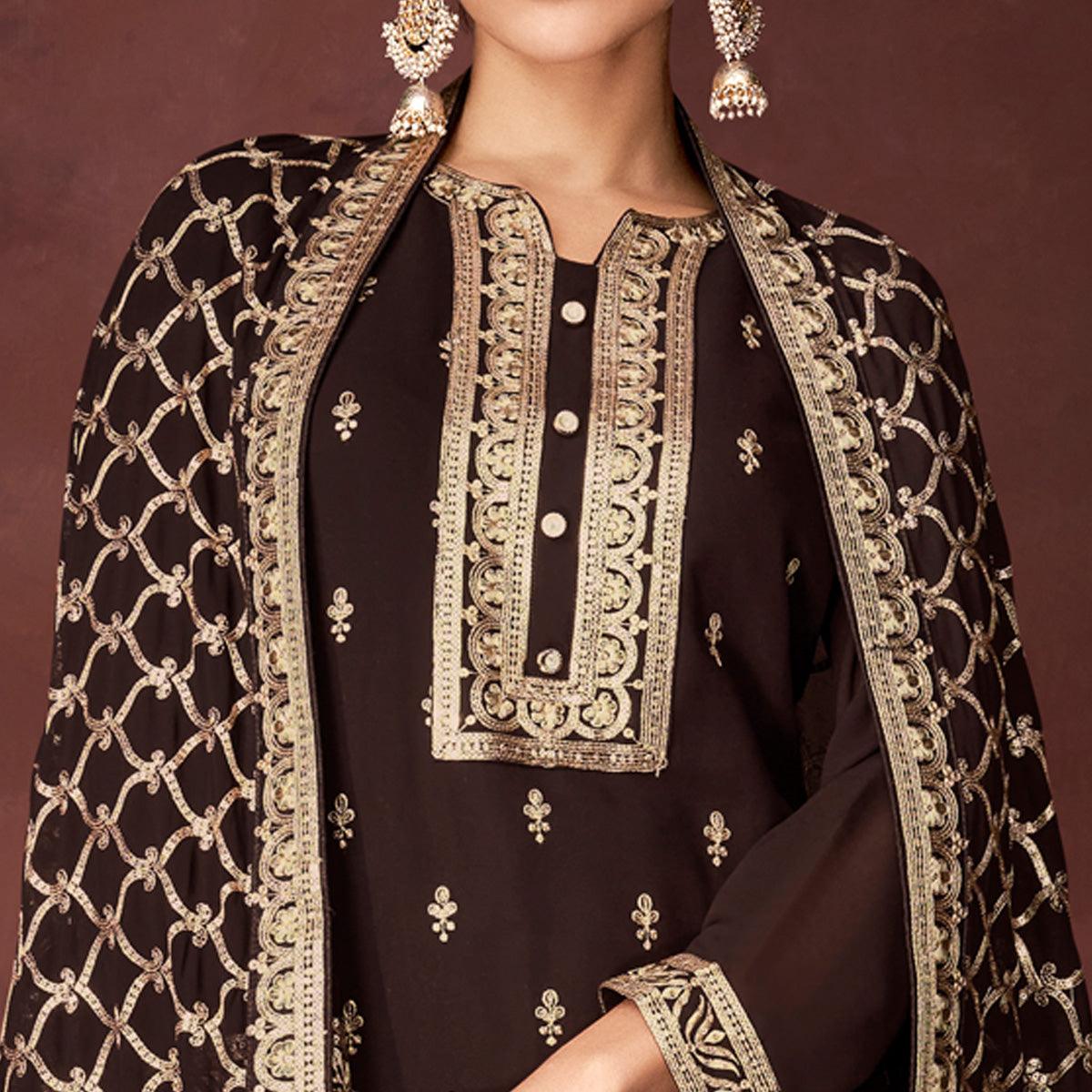Brown Partywear Sequence Embroidered Heavy Faux Georgette Palazzo Suit - Peachmode