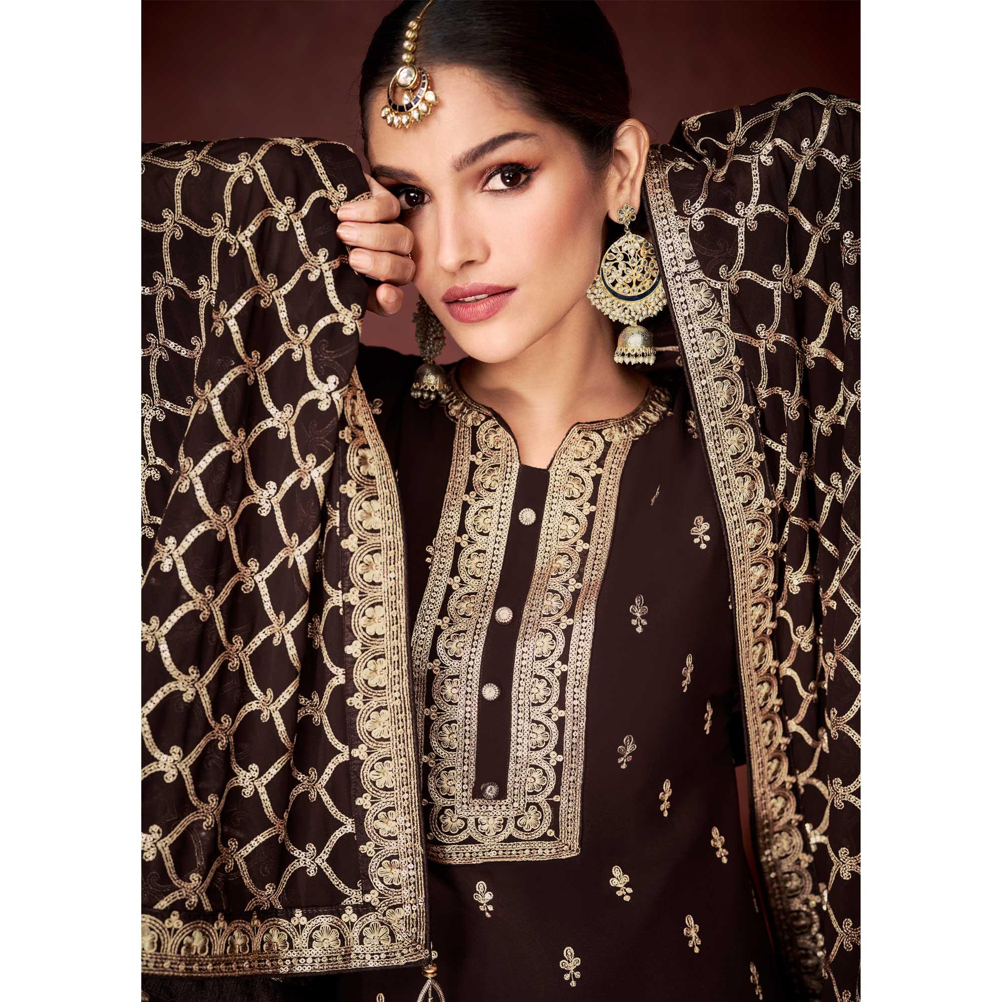 Brown Partywear Sequence Embroidered Heavy Faux Georgette Palazzo Suit - Peachmode