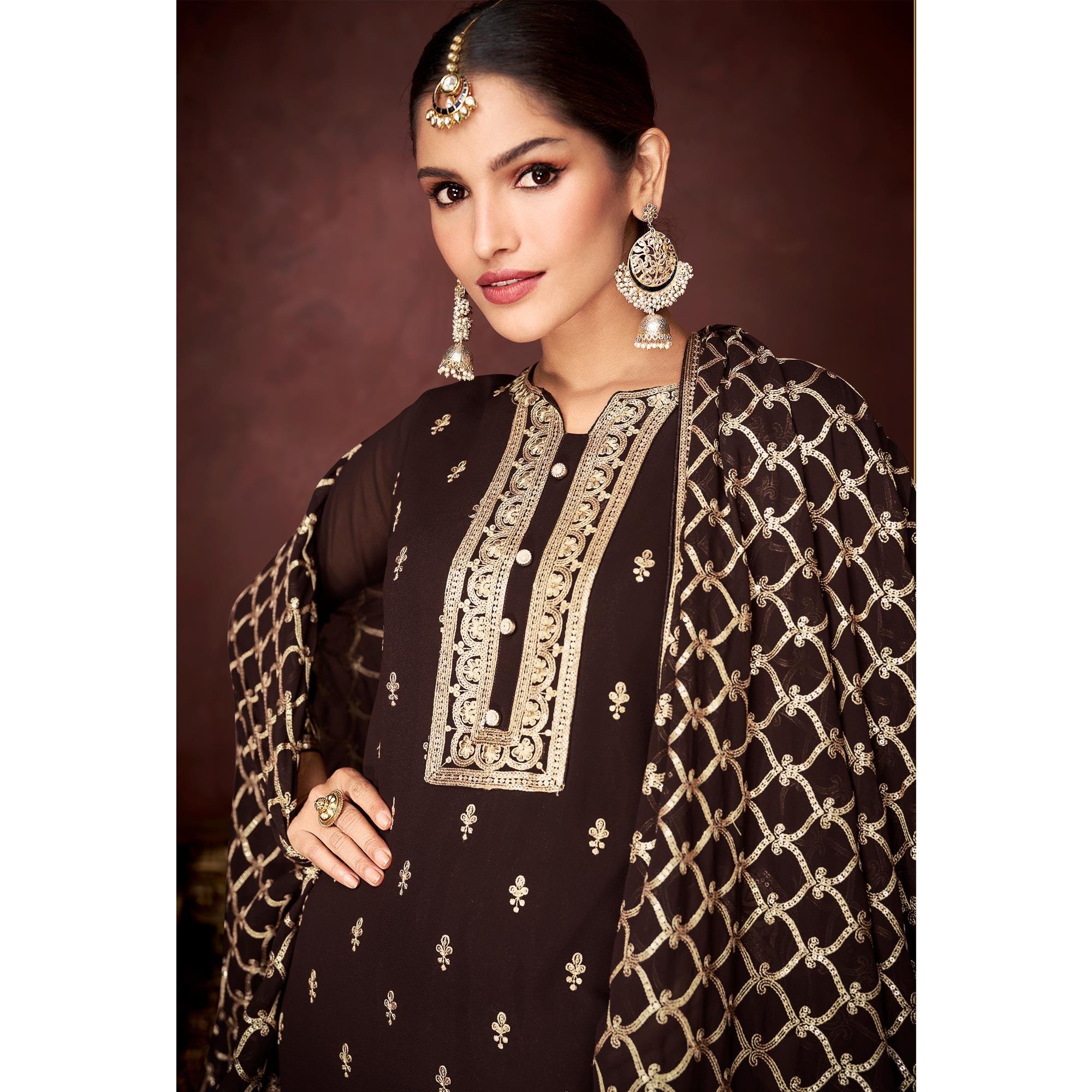 Brown Partywear Sequence Embroidered Heavy Faux Georgette Palazzo Suit - Peachmode