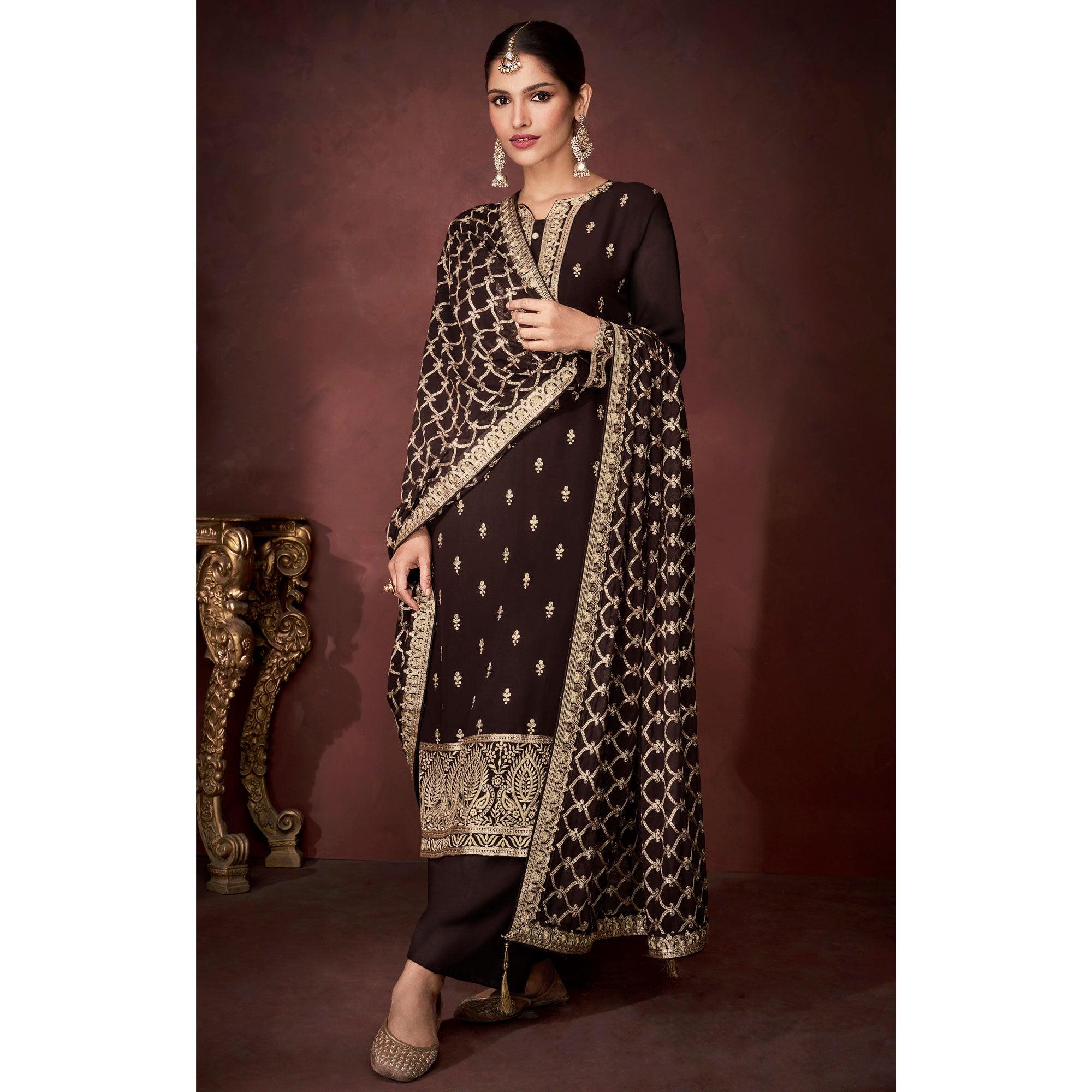 Brown Partywear Sequence Embroidered Heavy Faux Georgette Palazzo Suit - Peachmode