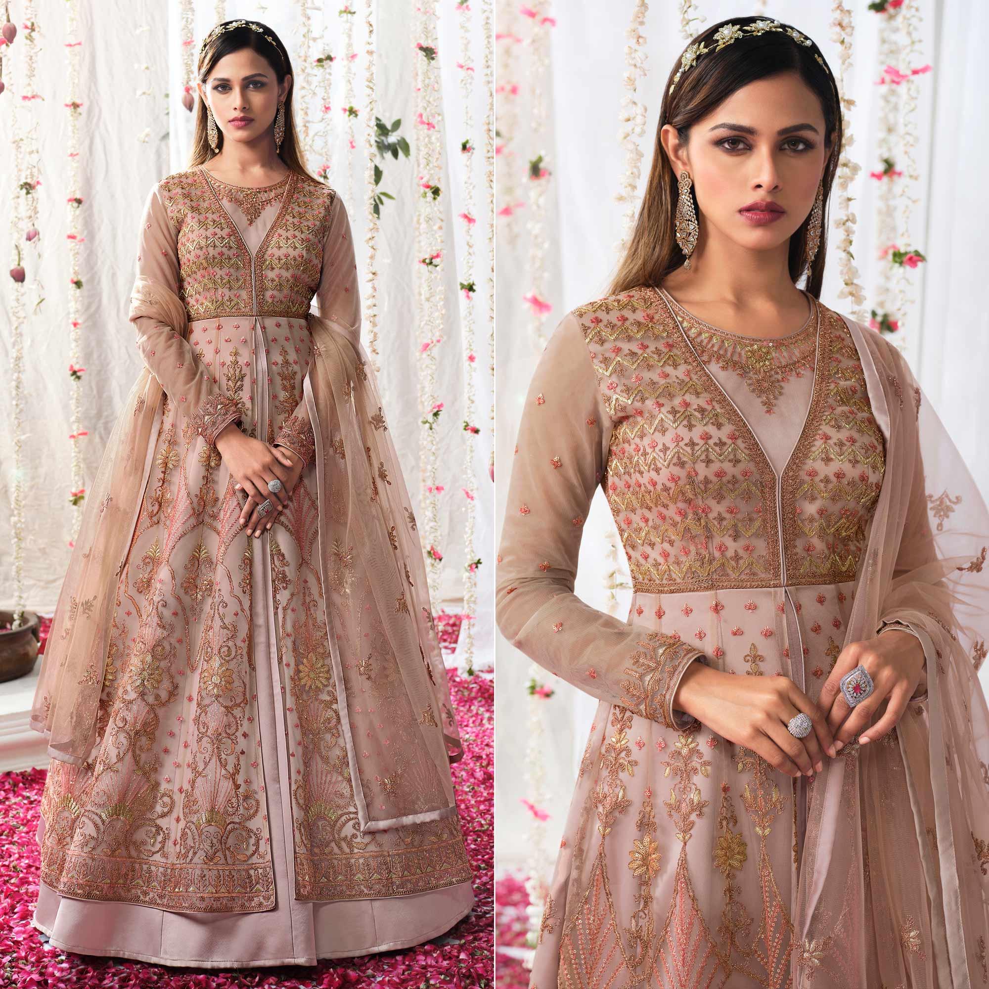 Brown Partywear Sequence Embroidered Net Gown - Peachmode