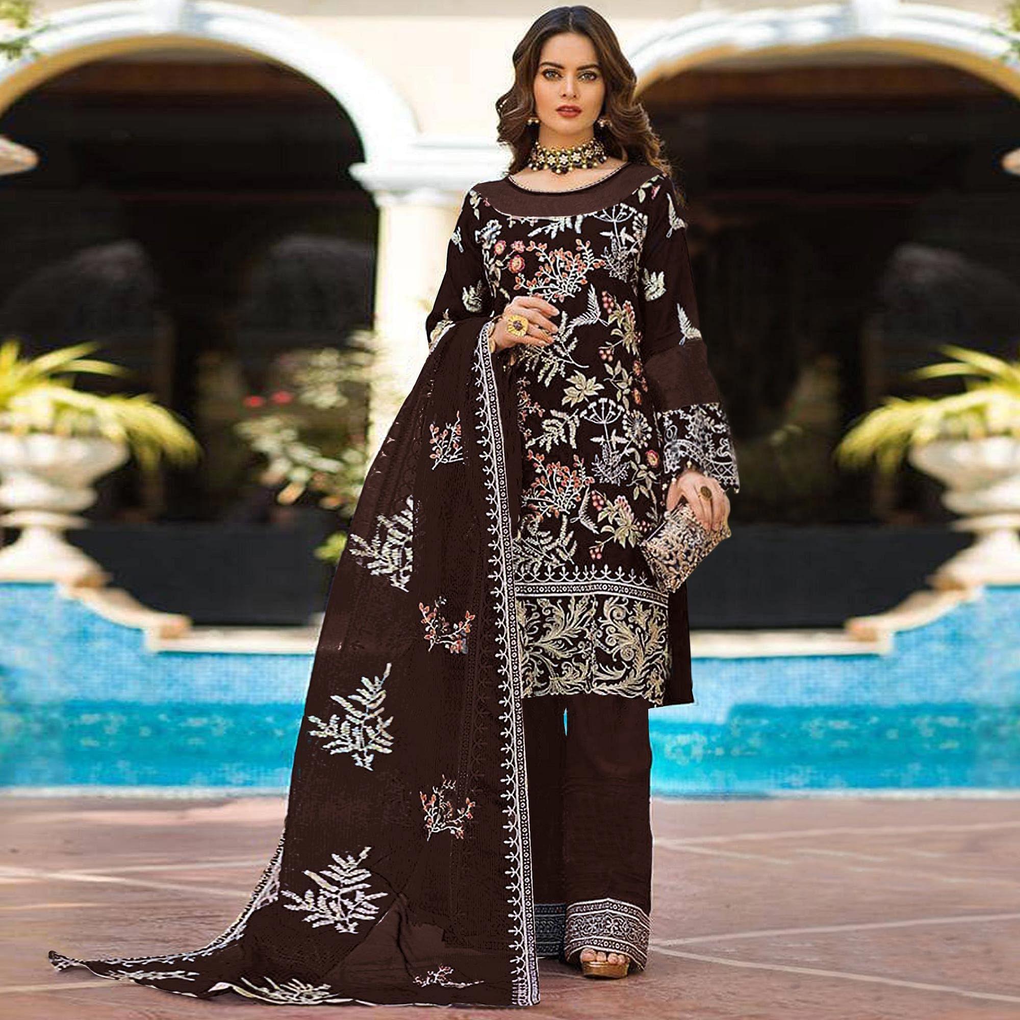 Brown Partywear Women's Floral Embroidered Georgette Semi-Stitched Pakistani Suit - Peachmode