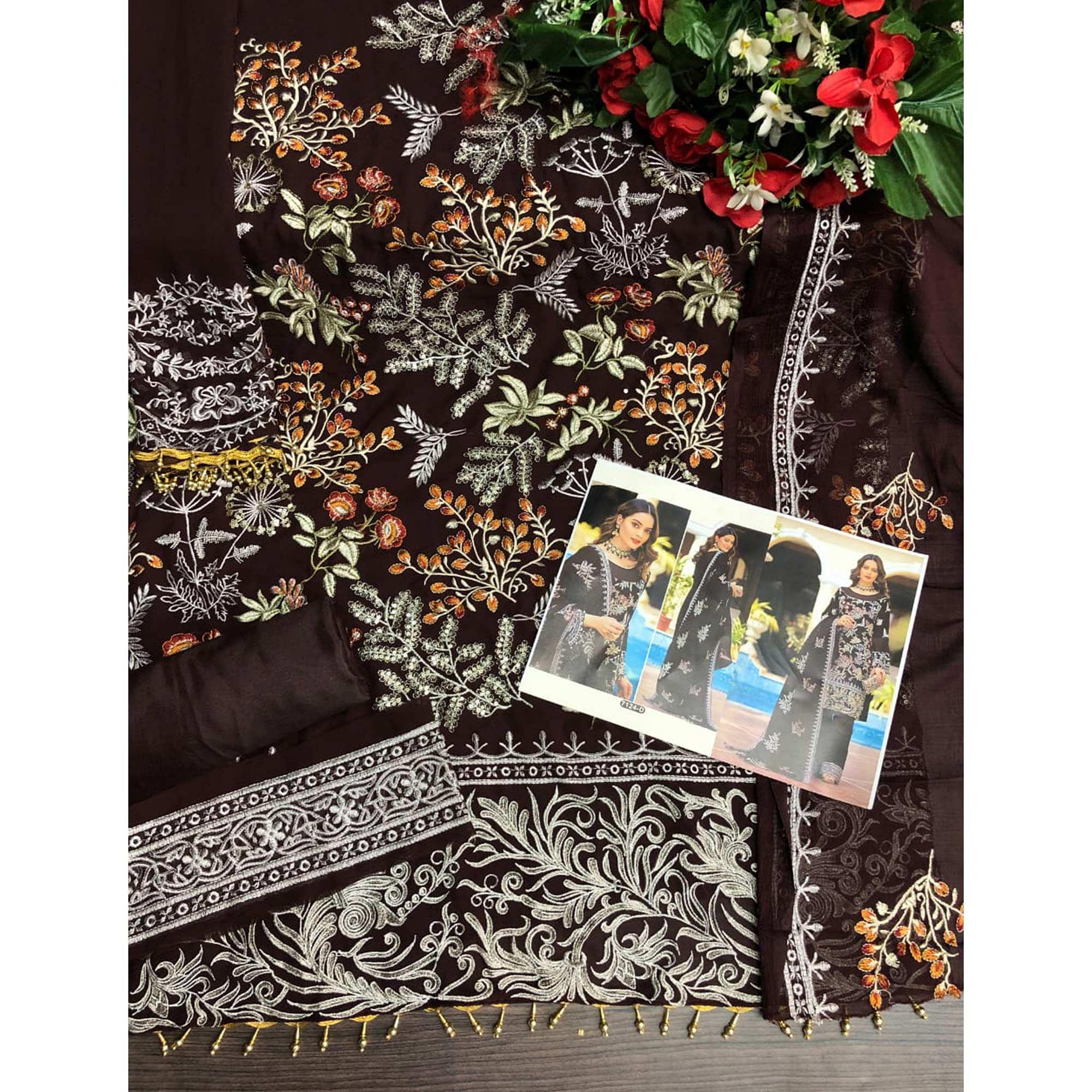 Brown Partywear Women's Floral Embroidered Georgette Semi-Stitched Pakistani Suit - Peachmode