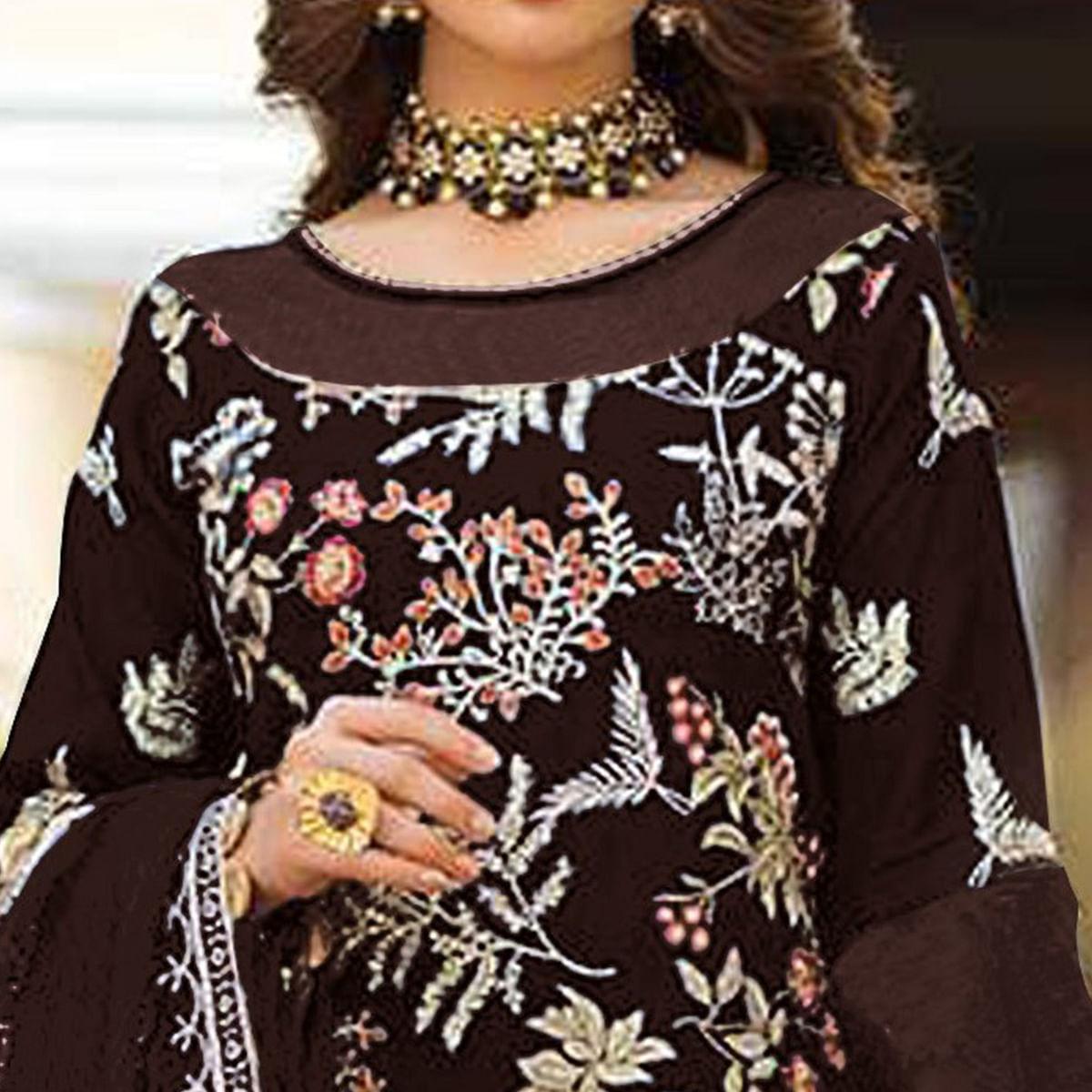 Brown Partywear Women's Floral Embroidered Georgette Semi-Stitched Pakistani Suit - Peachmode