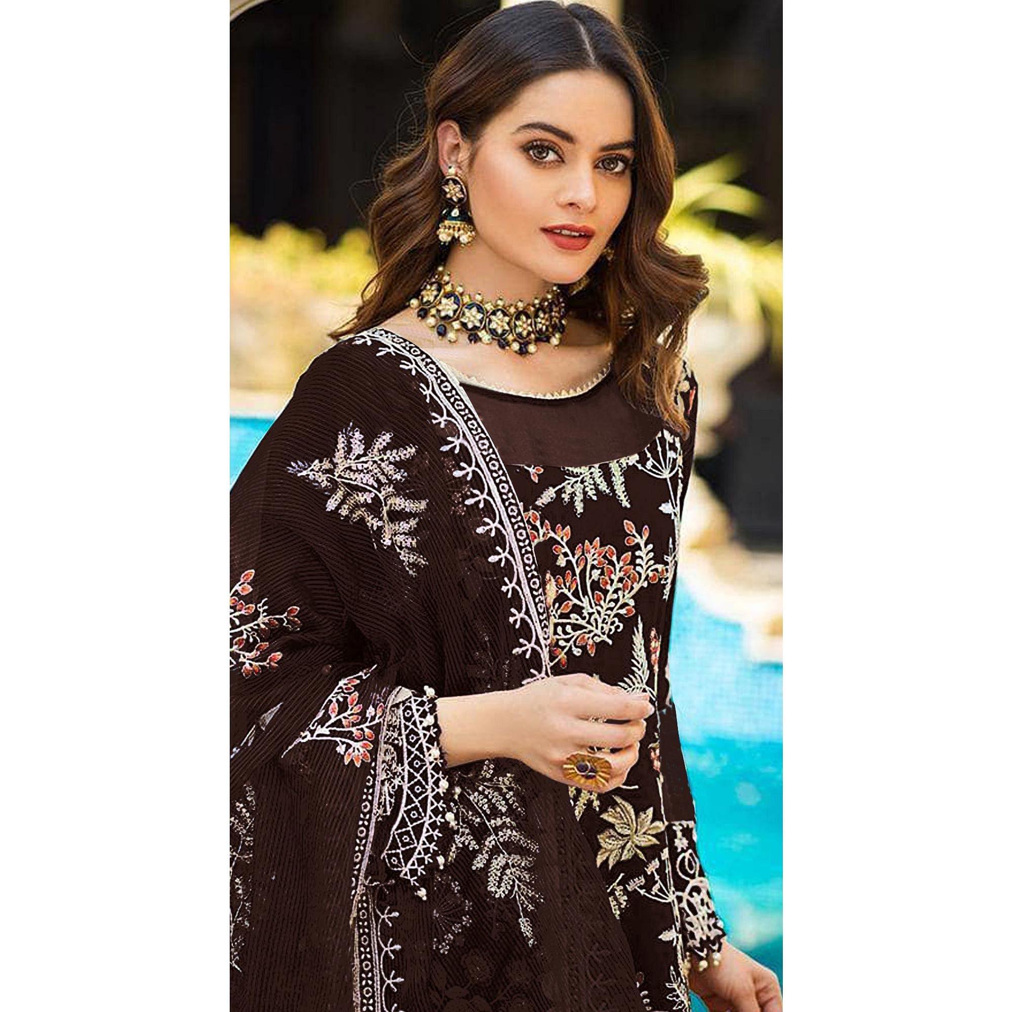 Brown Partywear Women's Floral Embroidered Georgette Semi-Stitched Pakistani Suit - Peachmode