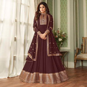 Brown Partywear Woven Georgette Anarkali Suit - Peachmode