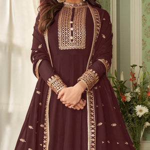 Brown Partywear Woven Georgette Anarkali Suit - Peachmode