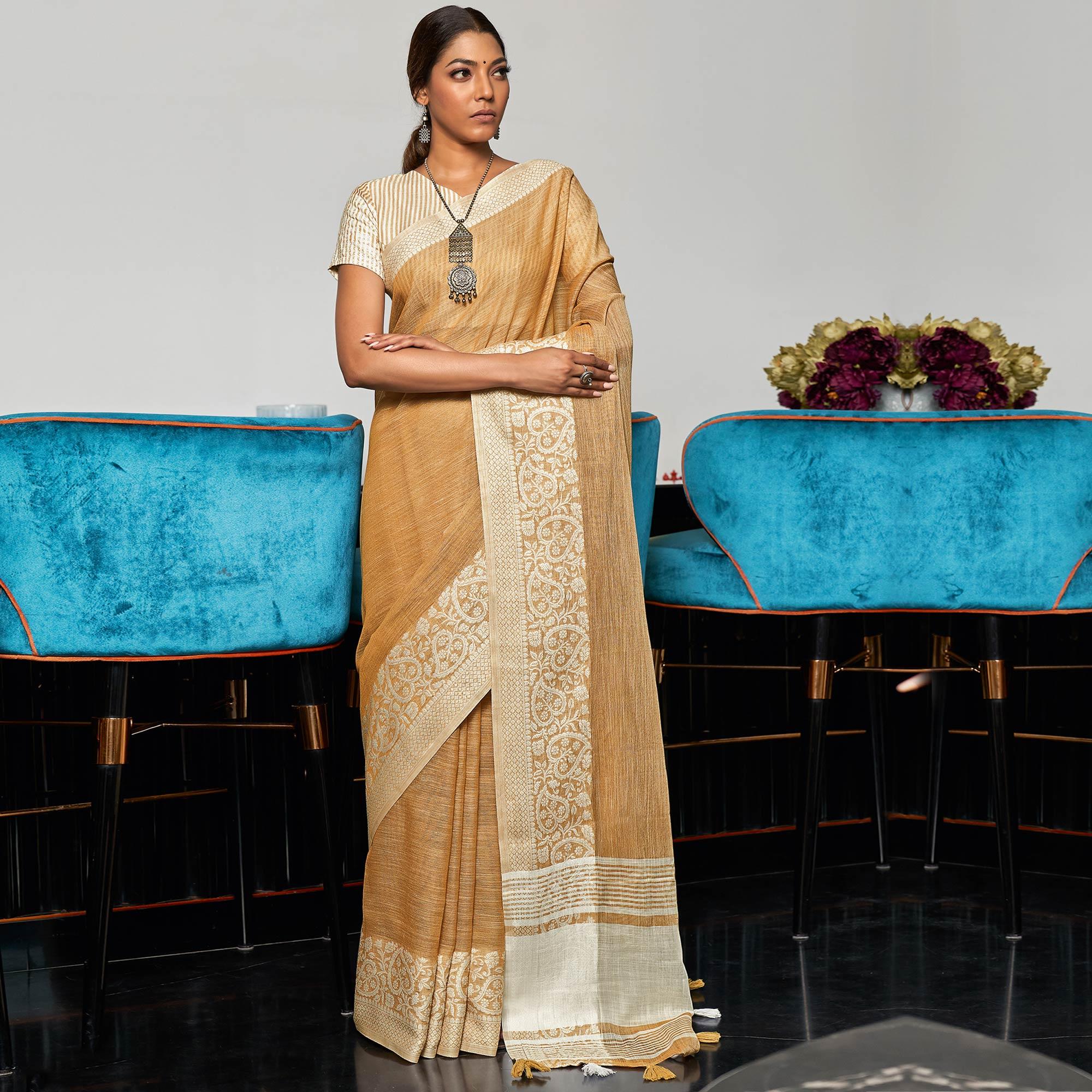 Brown Partywear Woven Linen Saree - Peachmode