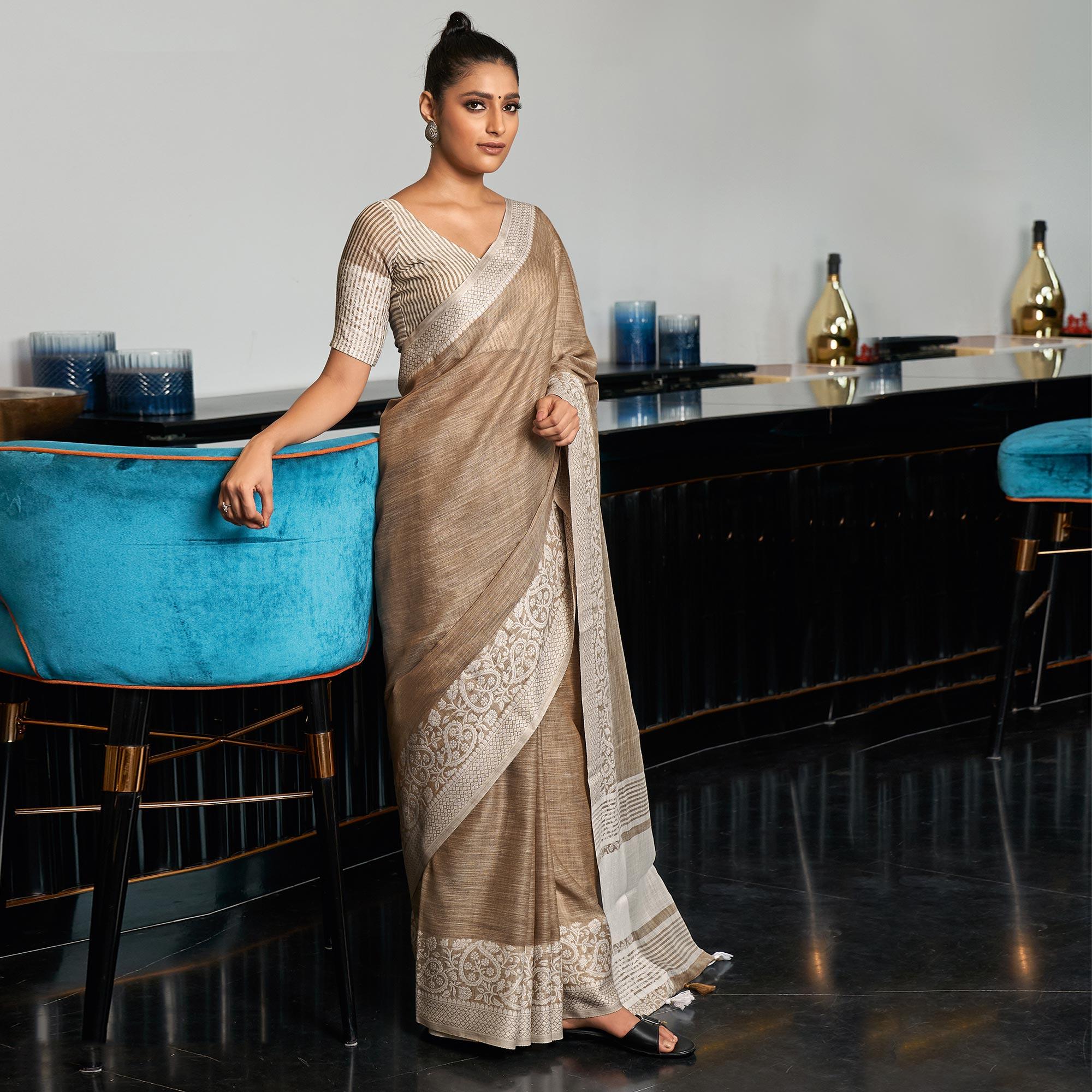Brown Partywear Woven Linen Saree - Peachmode