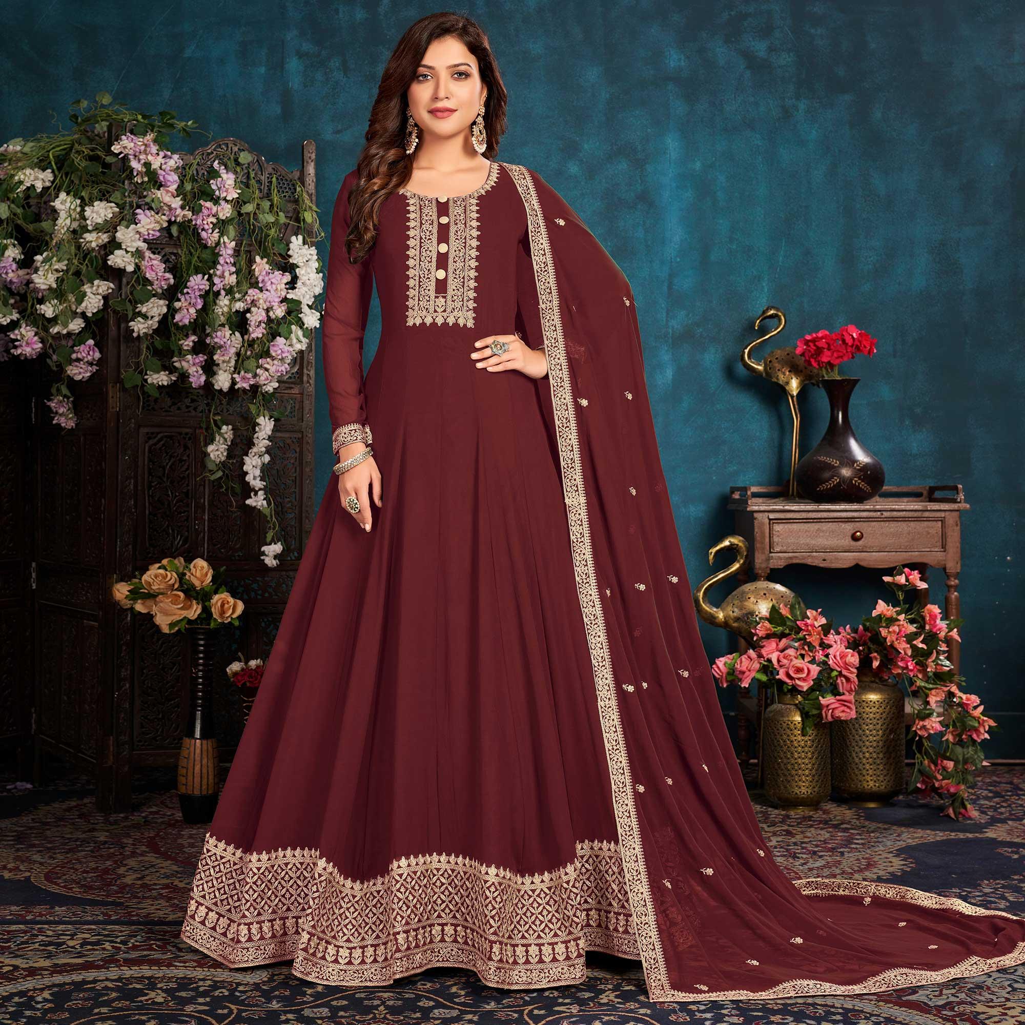 Brown Partywear Zari Embroidered Faux Georgette Anarkali Suit - Peachmode