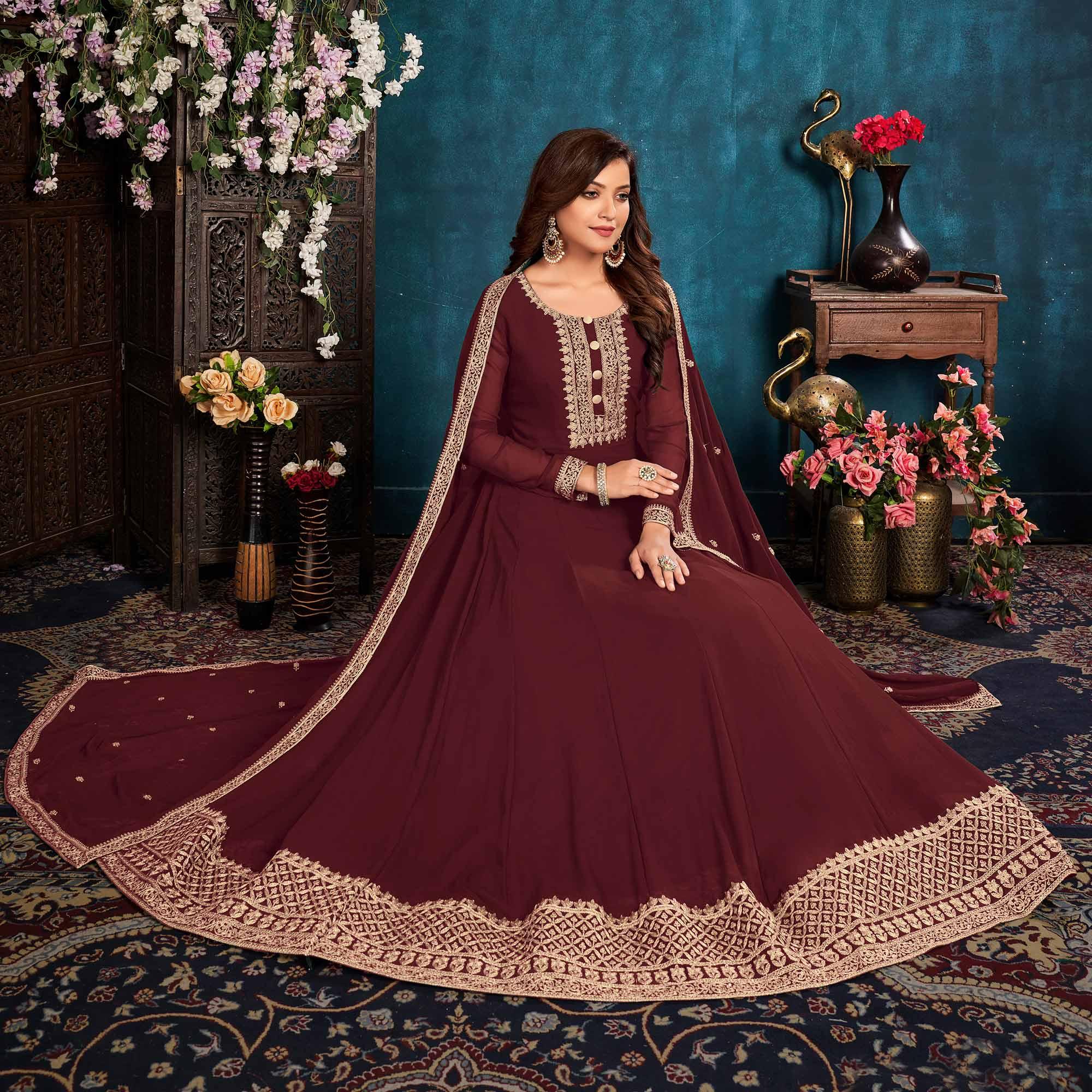Brown Partywear Zari Embroidered Faux Georgette Anarkali Suit - Peachmode