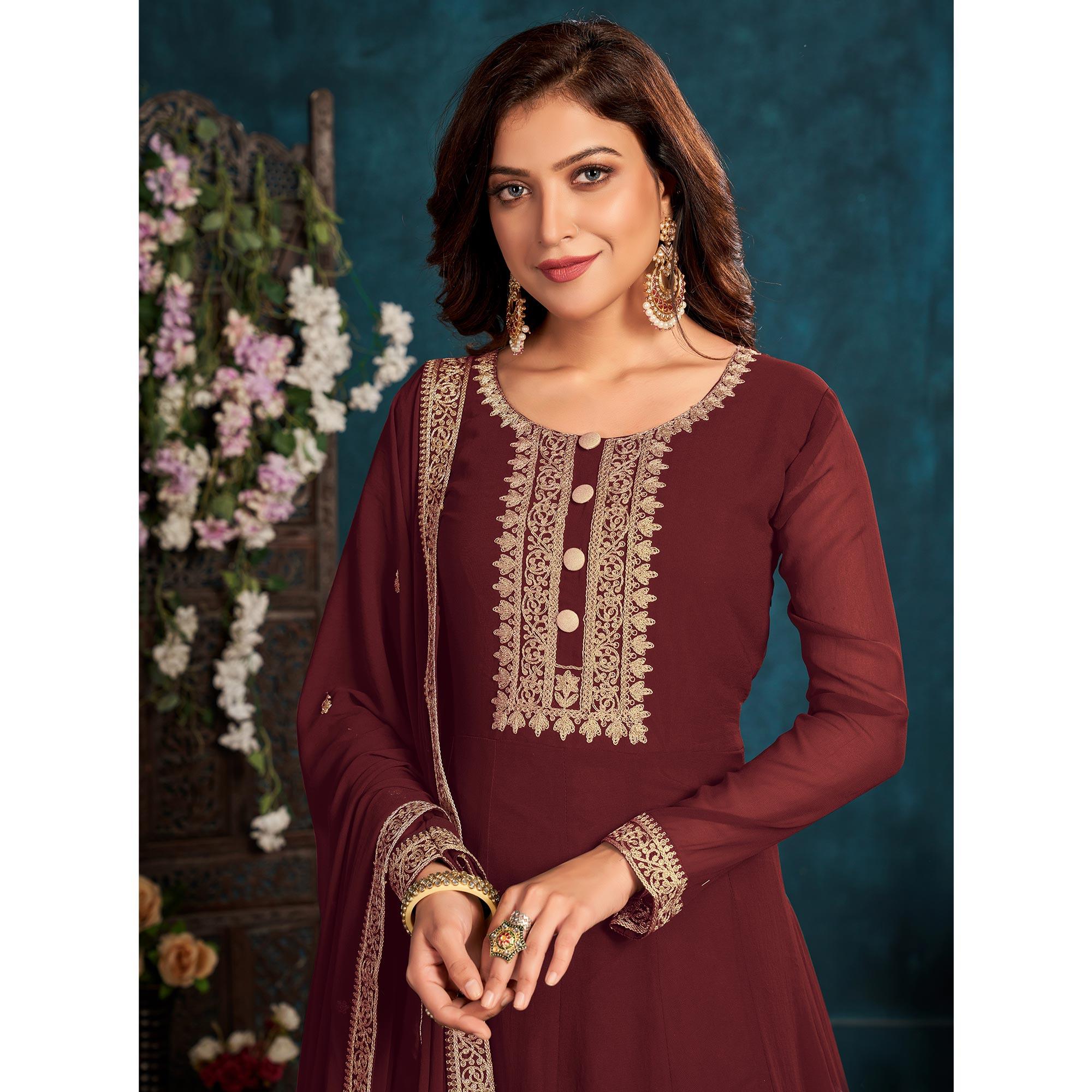 Brown Partywear Zari Embroidered Faux Georgette Anarkali Suit - Peachmode
