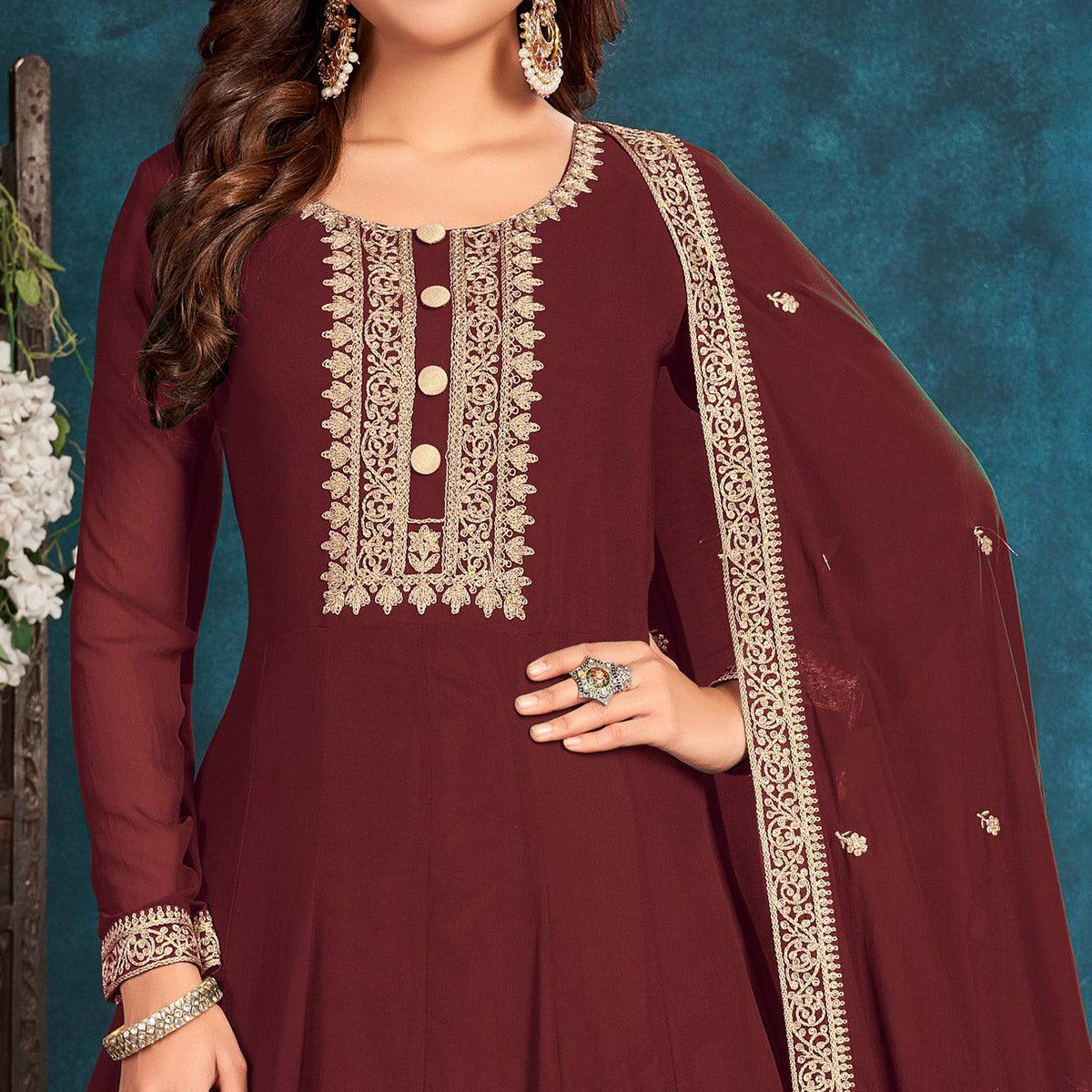 Brown Partywear Zari Embroidered Faux Georgette Anarkali Suit - Peachmode