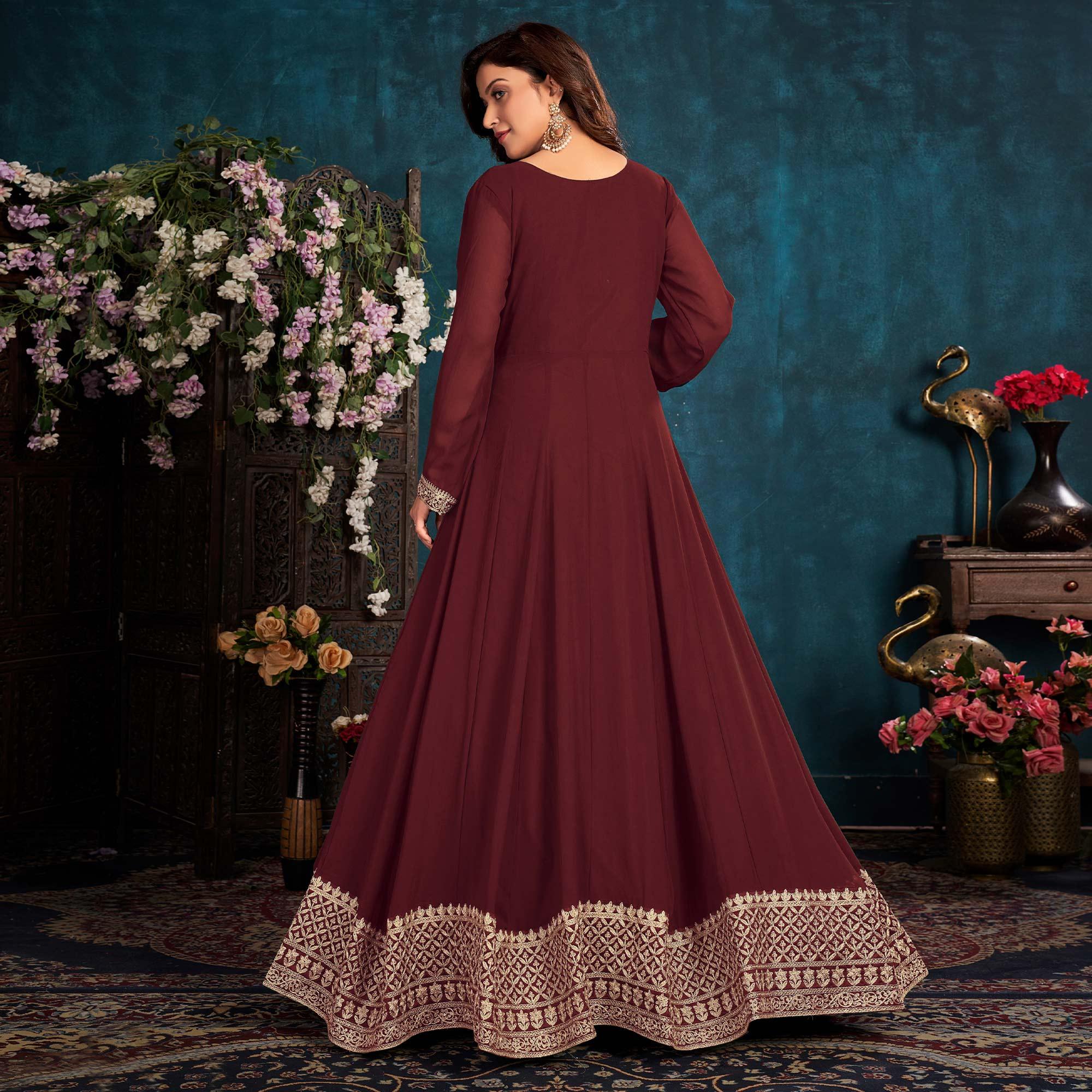Brown Partywear Zari Embroidered Faux Georgette Anarkali Suit - Peachmode