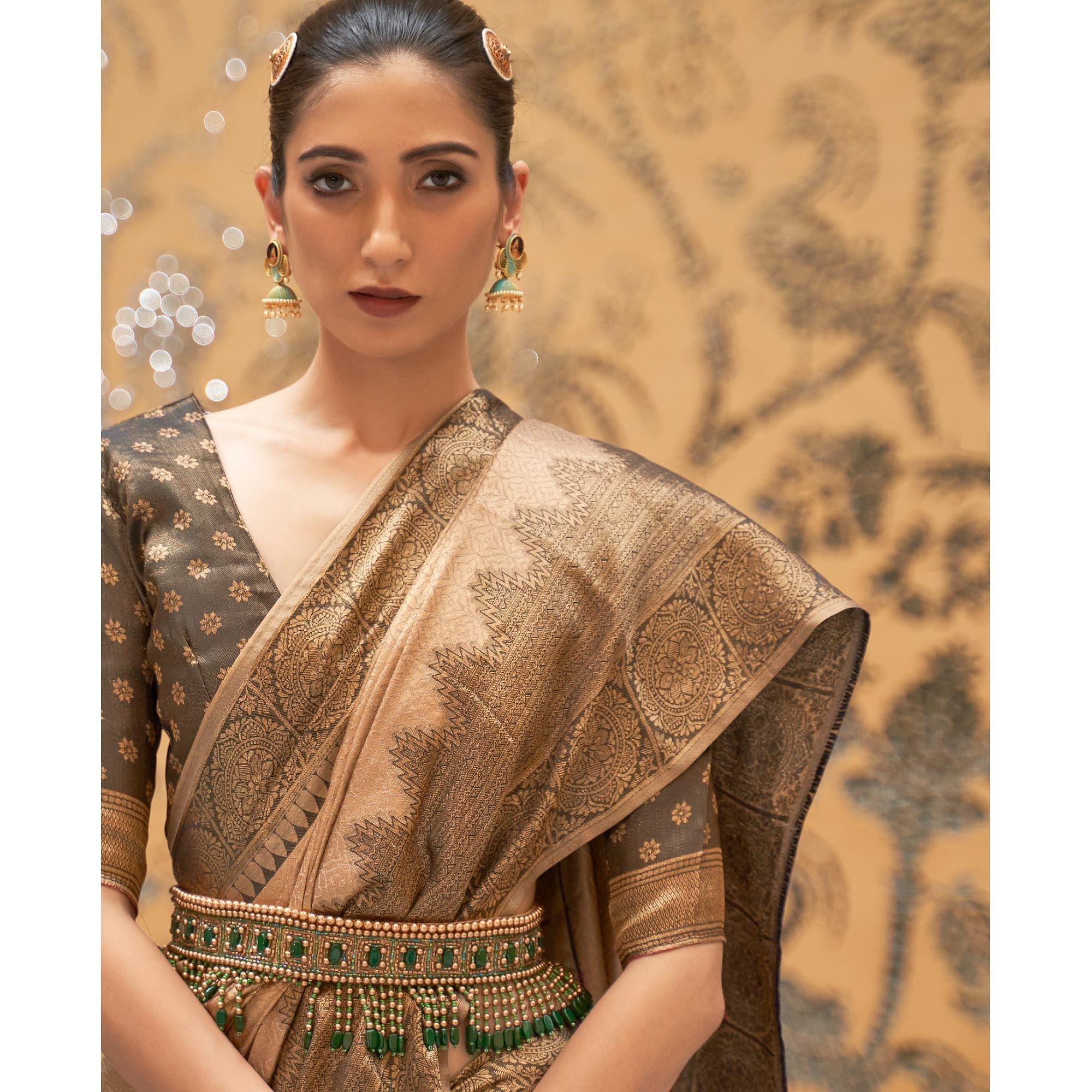 Brown Partywear Zari Woven Pure Silk Saree - Peachmode