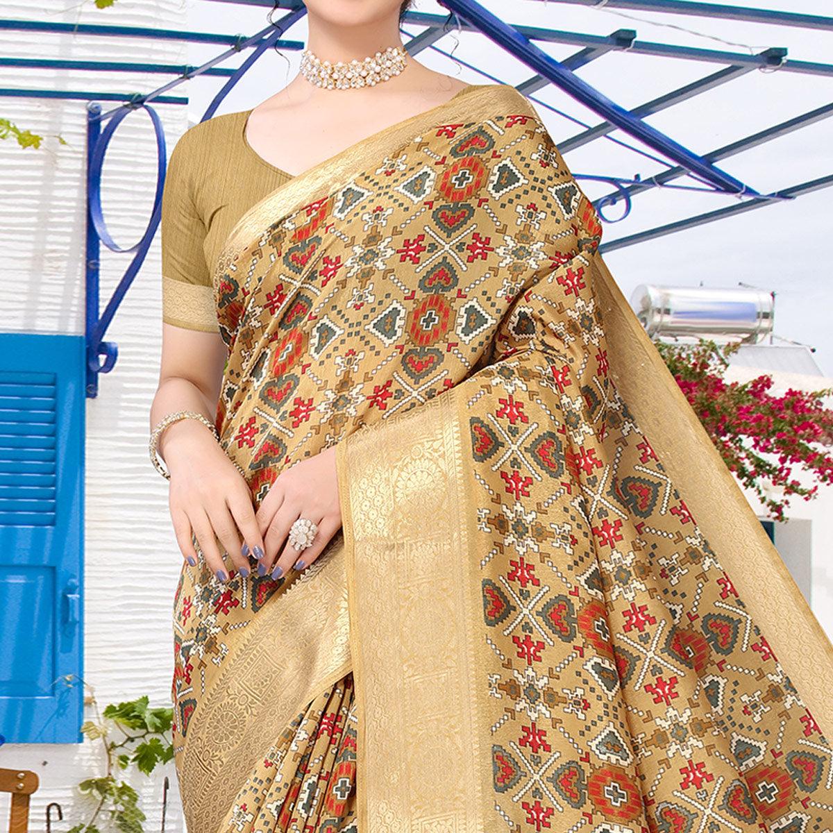 Brown Patola Printed Dola Silk Saree - Peachmode