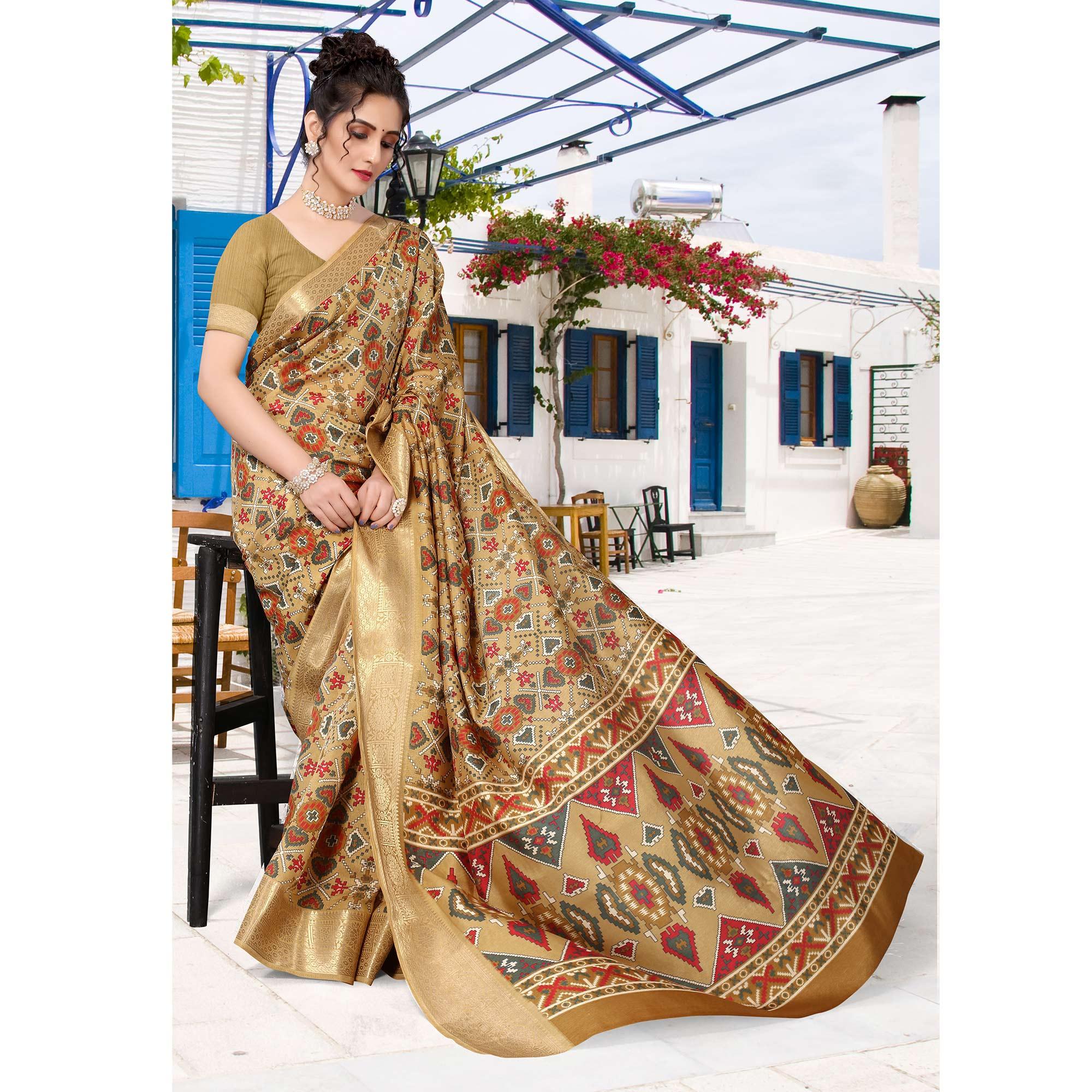 Brown Patola Printed Dola Silk Saree - Peachmode