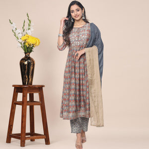 Brown Patywear Floral Embroidered With Print Cotton Anarkali Suit - Peachmode