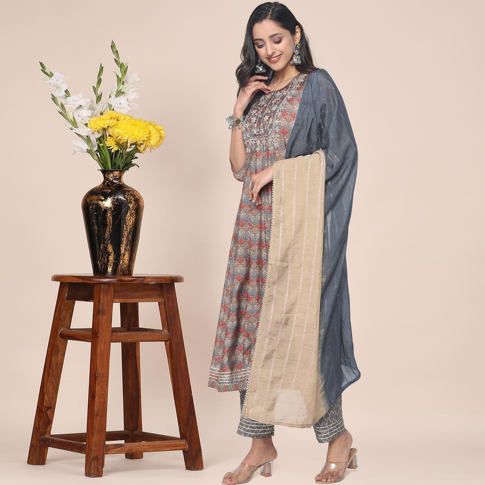 Brown Patywear Floral Embroidered With Print Cotton Anarkali Suit - Peachmode