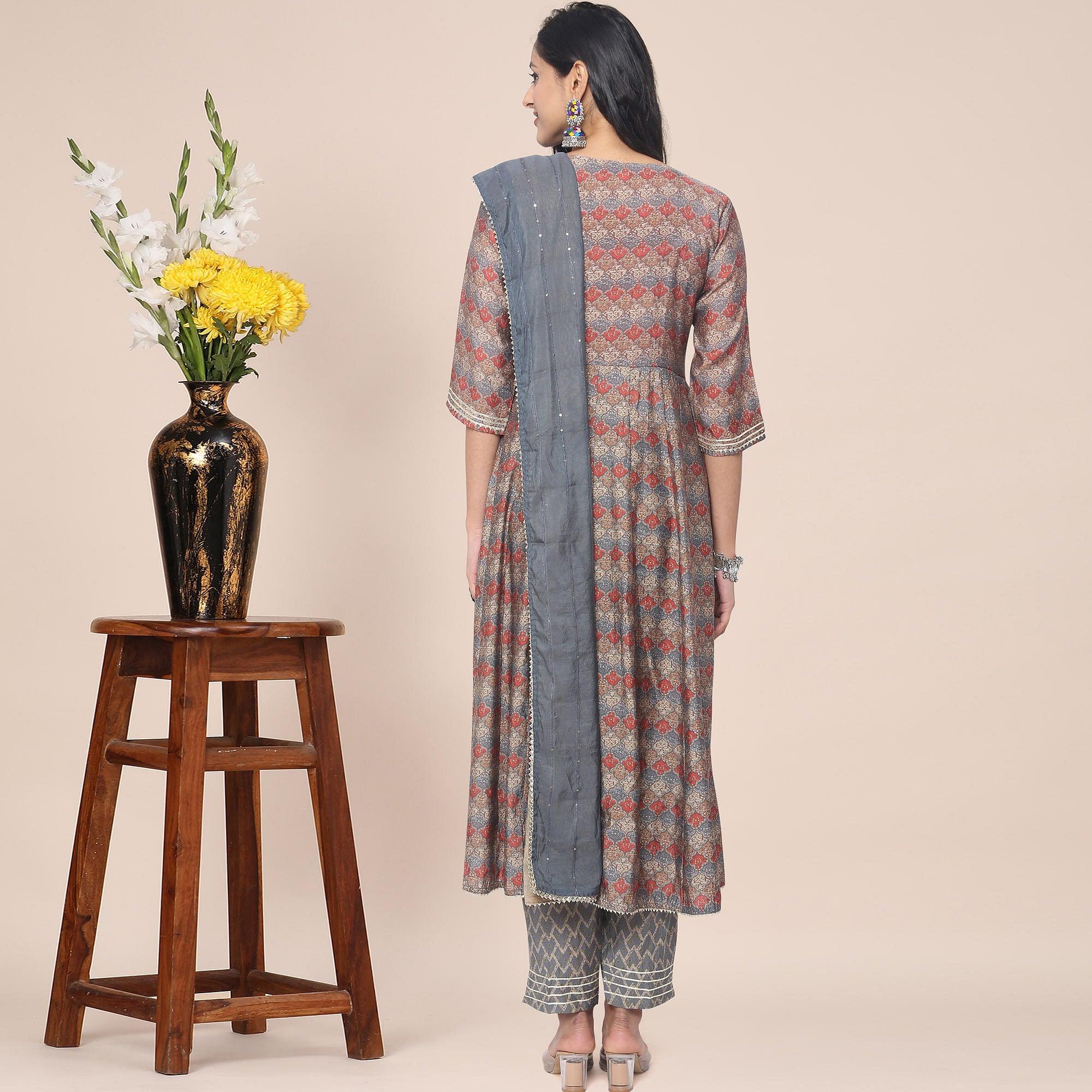 Brown Patywear Floral Embroidered With Print Cotton Anarkali Suit - Peachmode