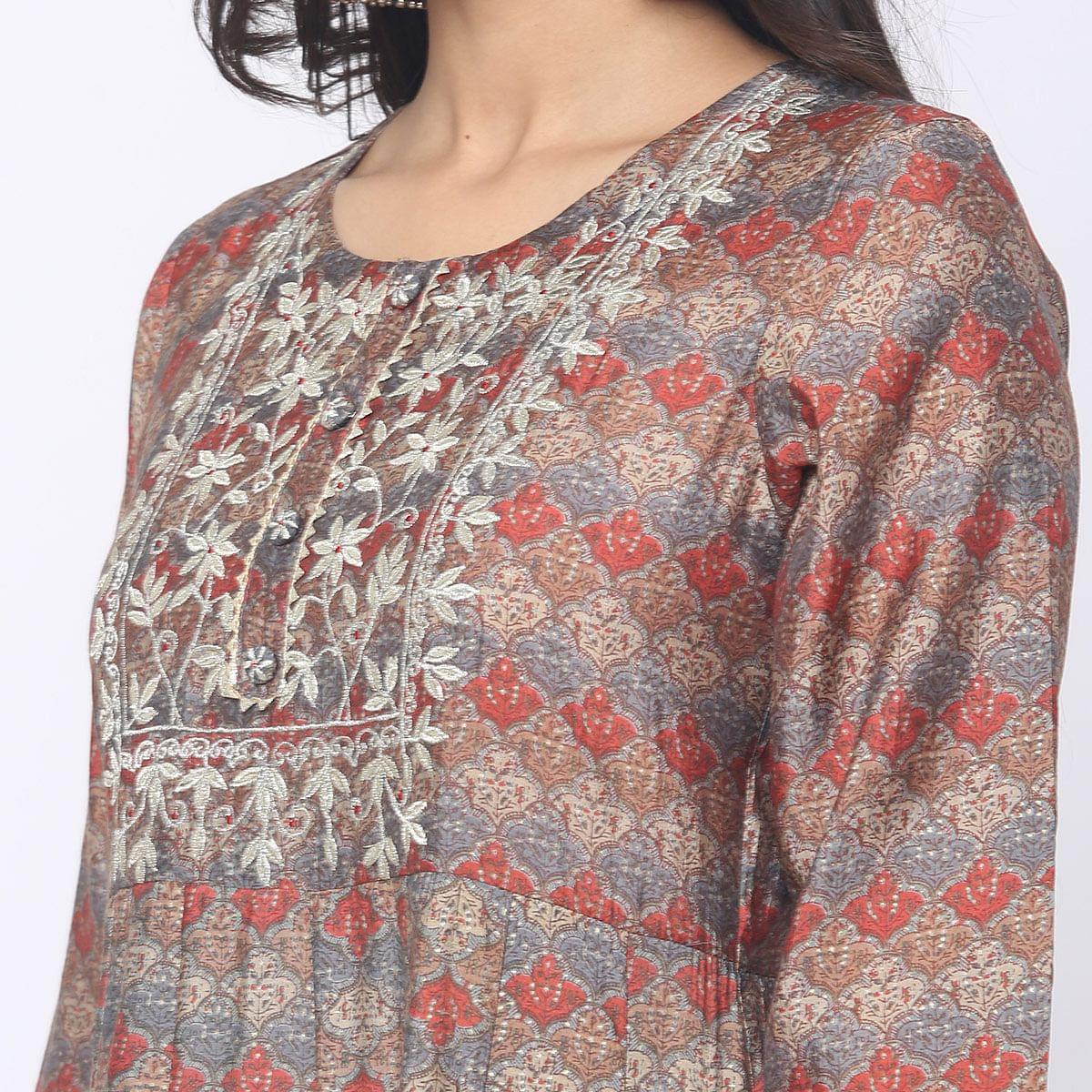 Brown Patywear Floral Embroidered With Print Cotton Anarkali Suit - Peachmode