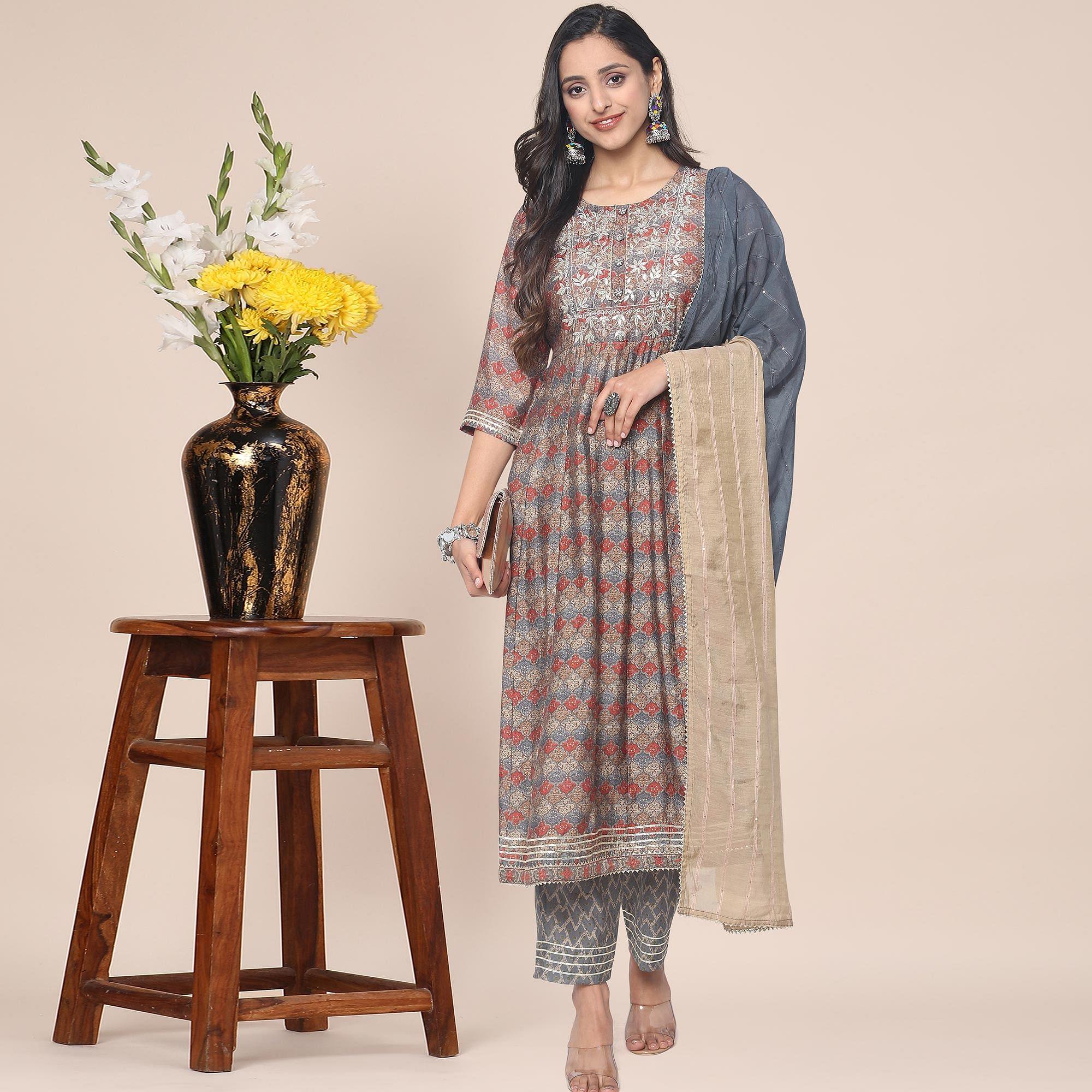 Brown Patywear Floral Embroidered With Print Cotton Anarkali Suit - Peachmode