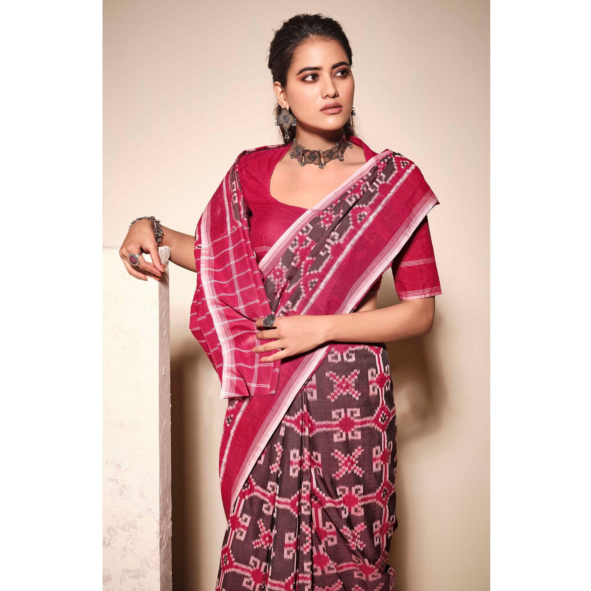 Brown-Pink Casual Wear Ikkat Printed Mul Mul Cotton Saree - Peachmode