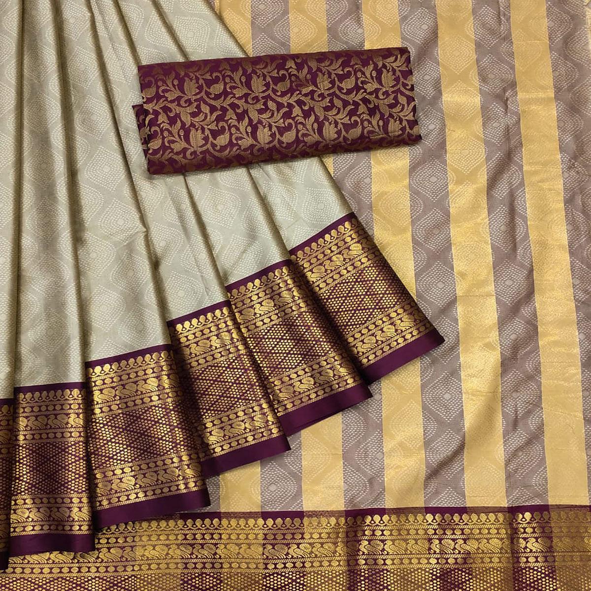 Brown Printed Cotton Silk Saree - Peachmode