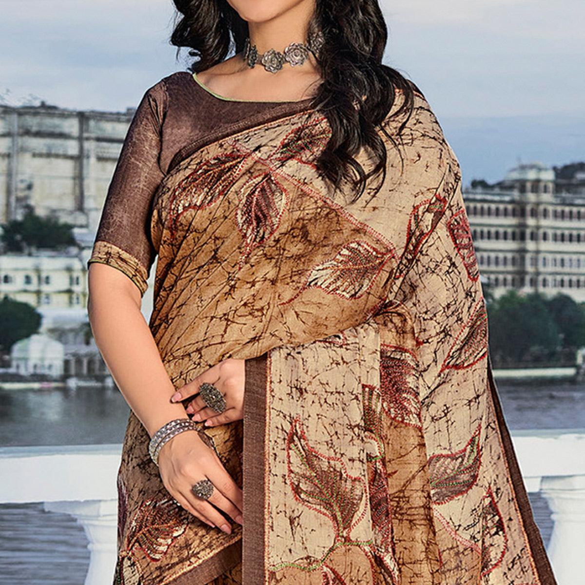 Brown Printed Cotton Silk Saree - Peachmode