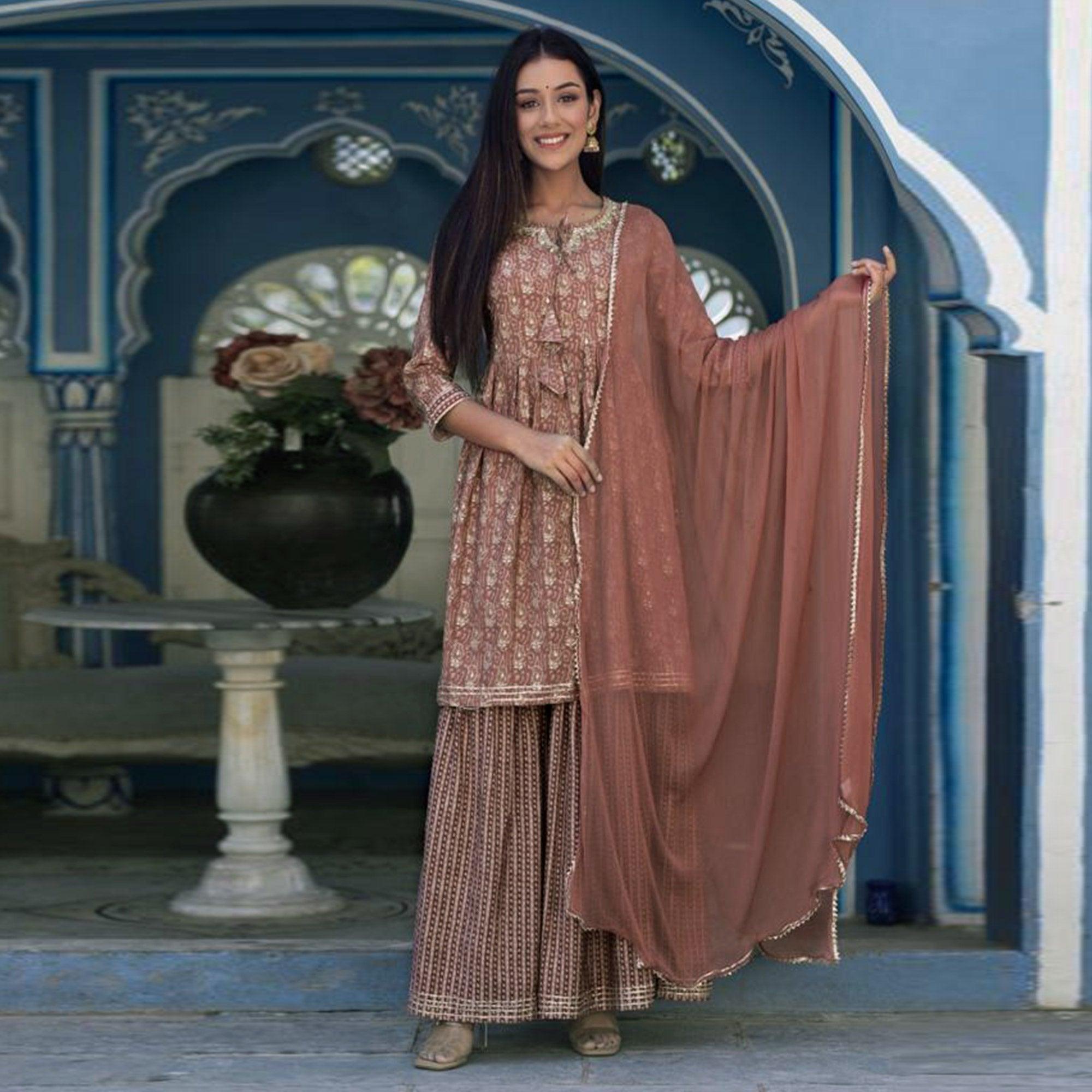 Brown Printed Cotton Silk Sharara Set With Dupatta - Peachmode