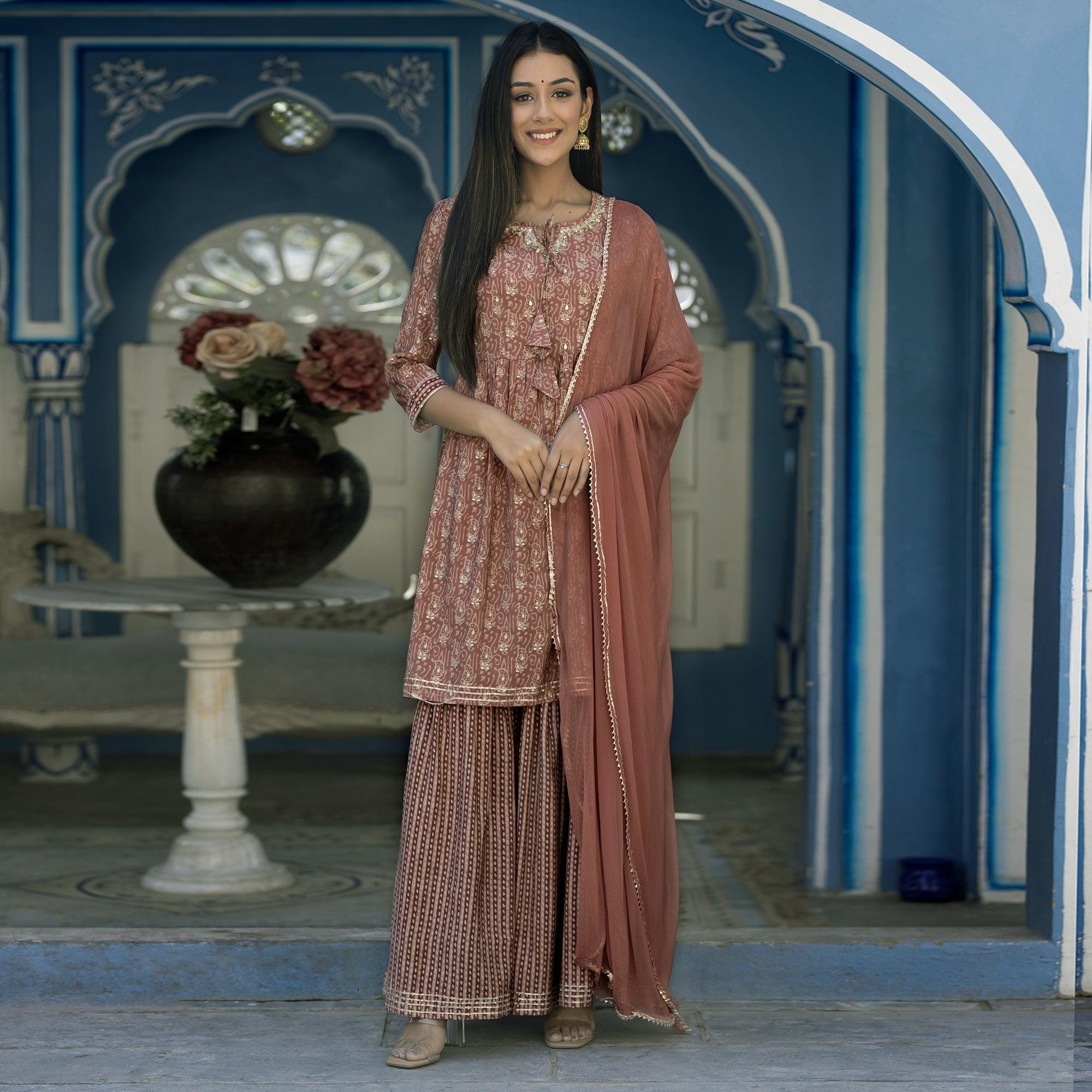 Brown Printed Cotton Silk Sharara Set With Dupatta - Peachmode