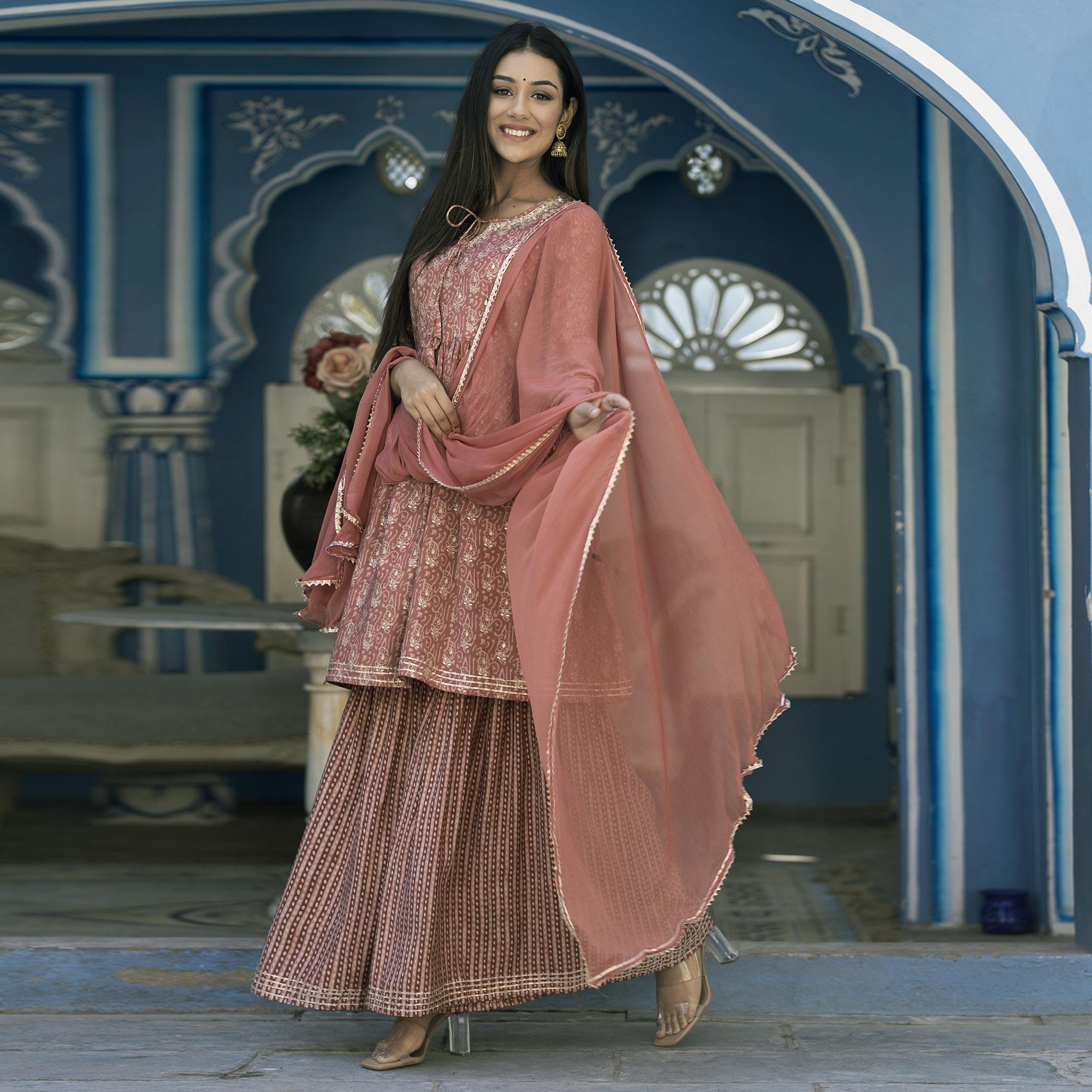 Brown Printed Cotton Silk Sharara Set With Dupatta - Peachmode