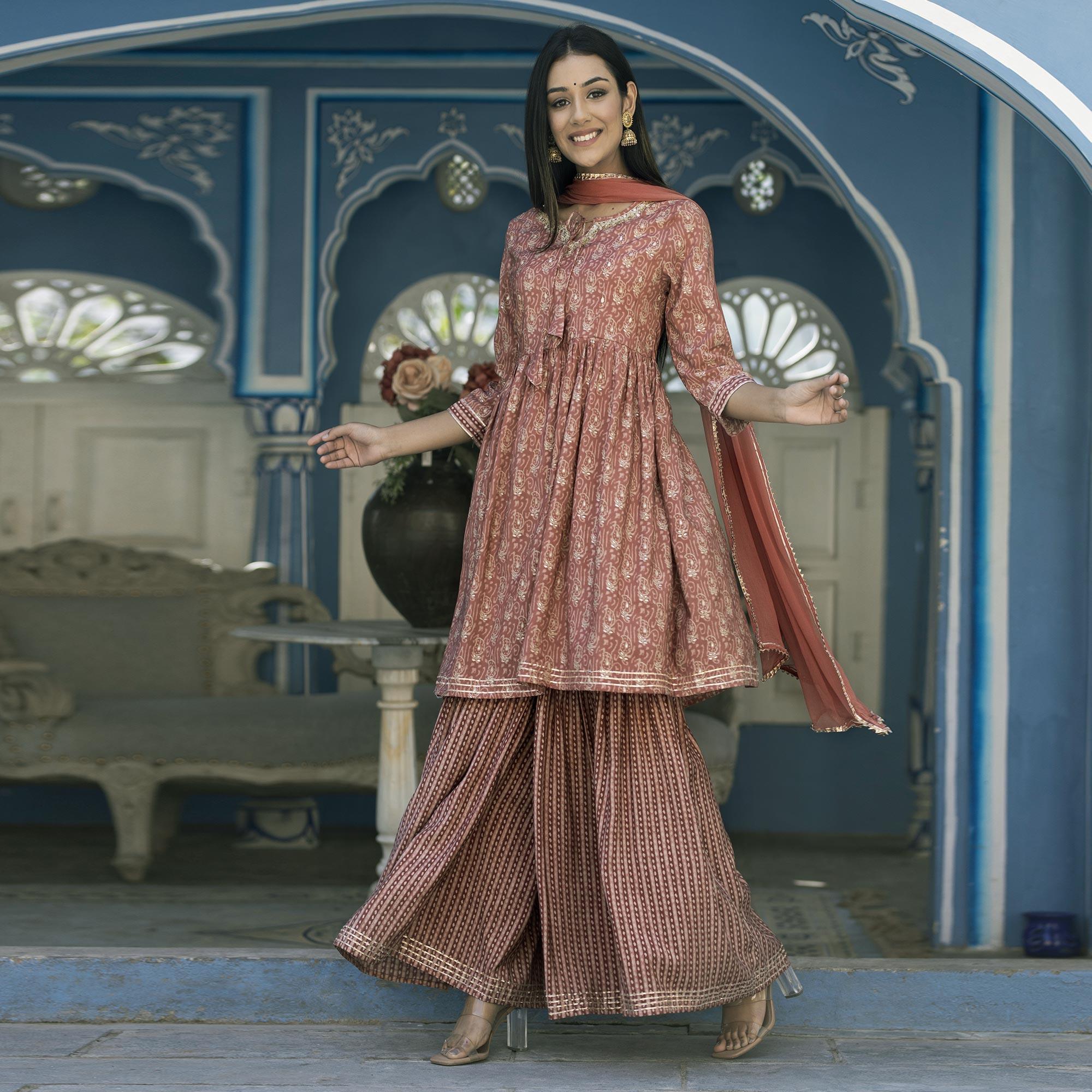 Brown Printed Cotton Silk Sharara Set With Dupatta - Peachmode