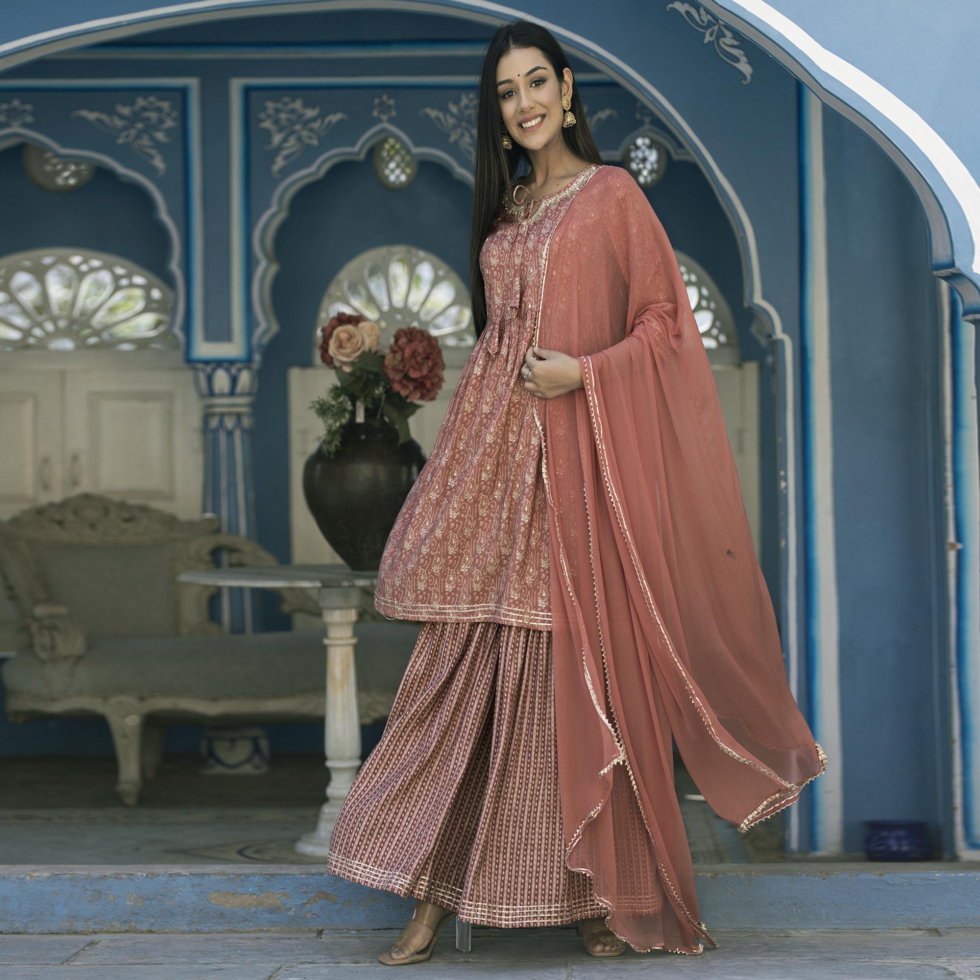 Brown Printed Cotton Silk Sharara Set With Dupatta - Peachmode