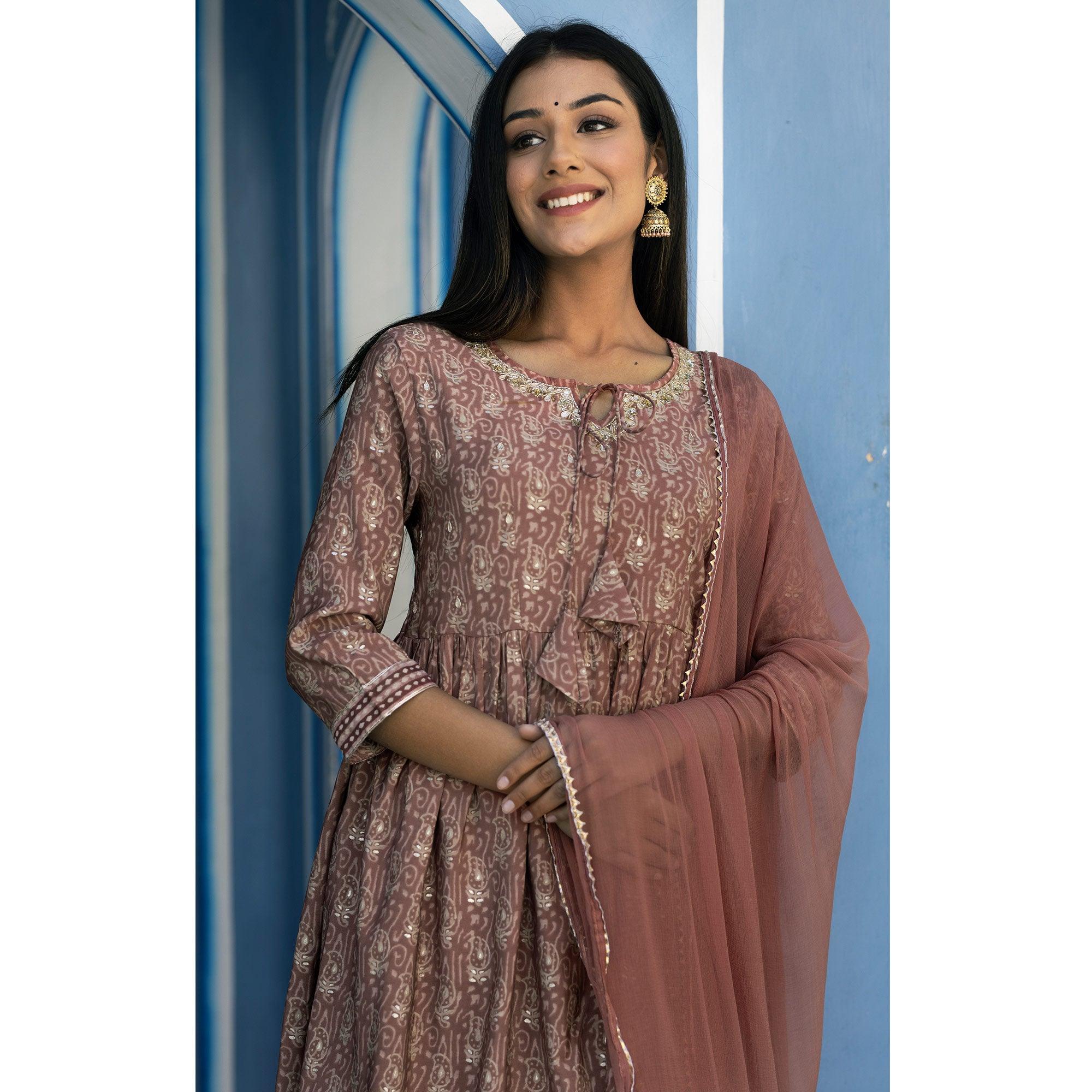 Brown Printed Cotton Silk Sharara Set With Dupatta - Peachmode