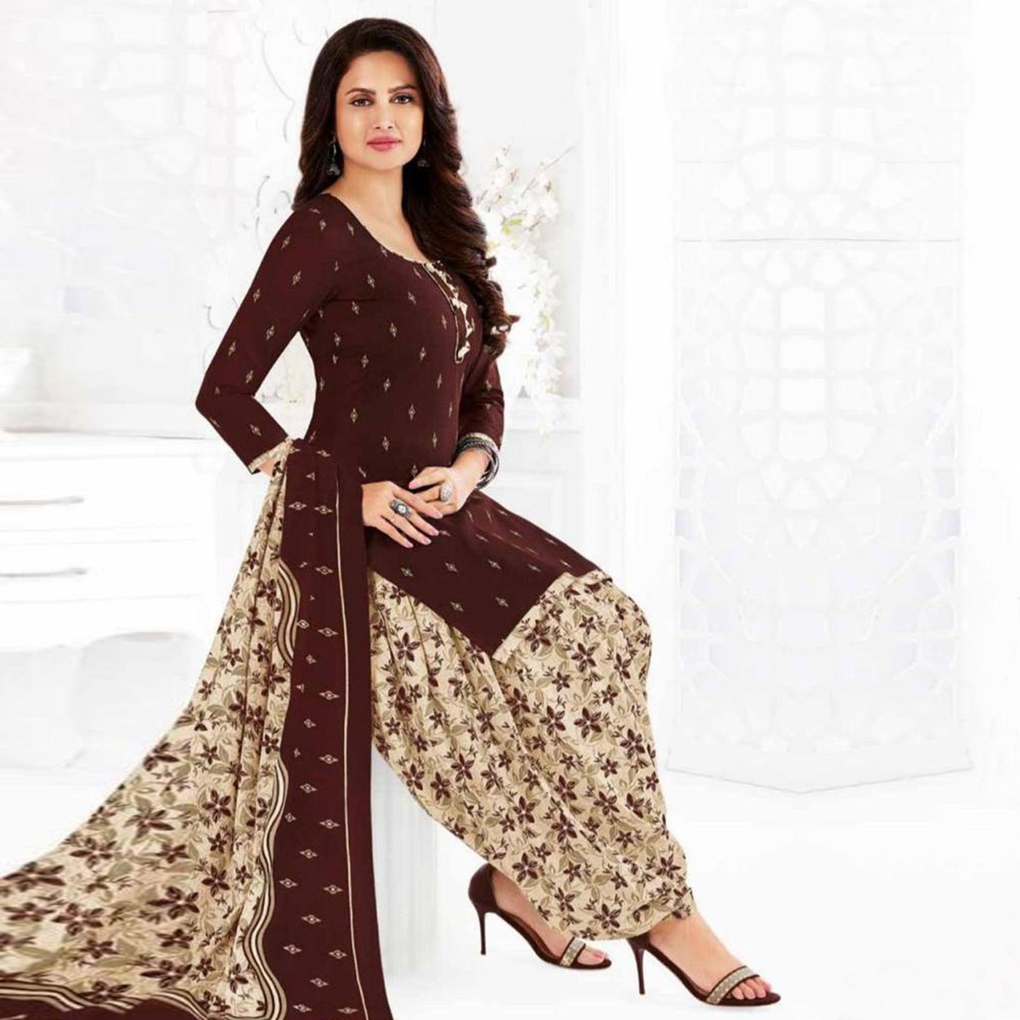 Brown Printed Crepe Patiala Dress Material - Peachmode