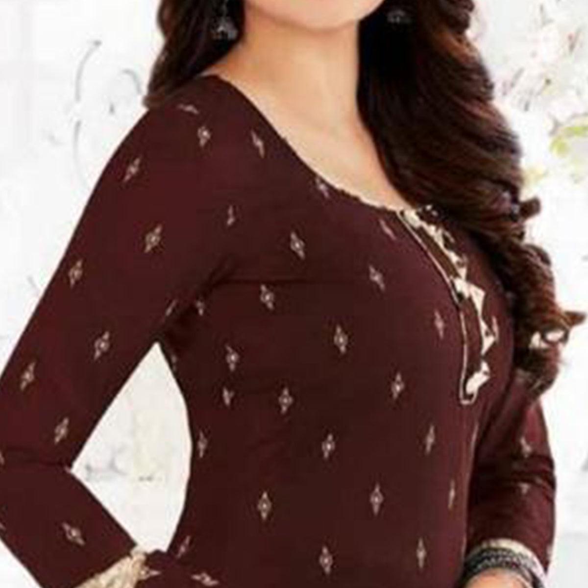 Brown Printed Crepe Patiala Dress Material - Peachmode