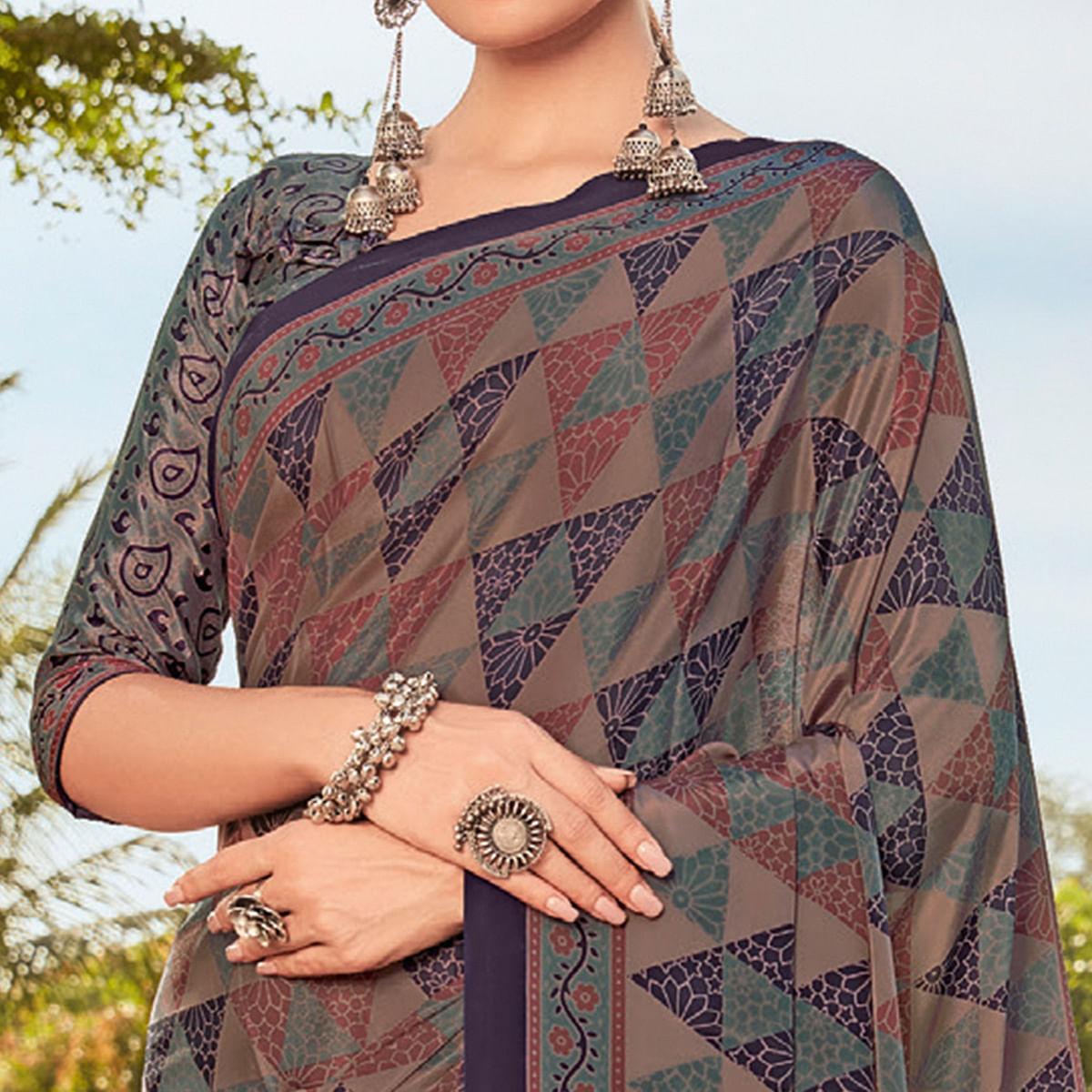 Brown Printed Crepe Saree - Peachmode