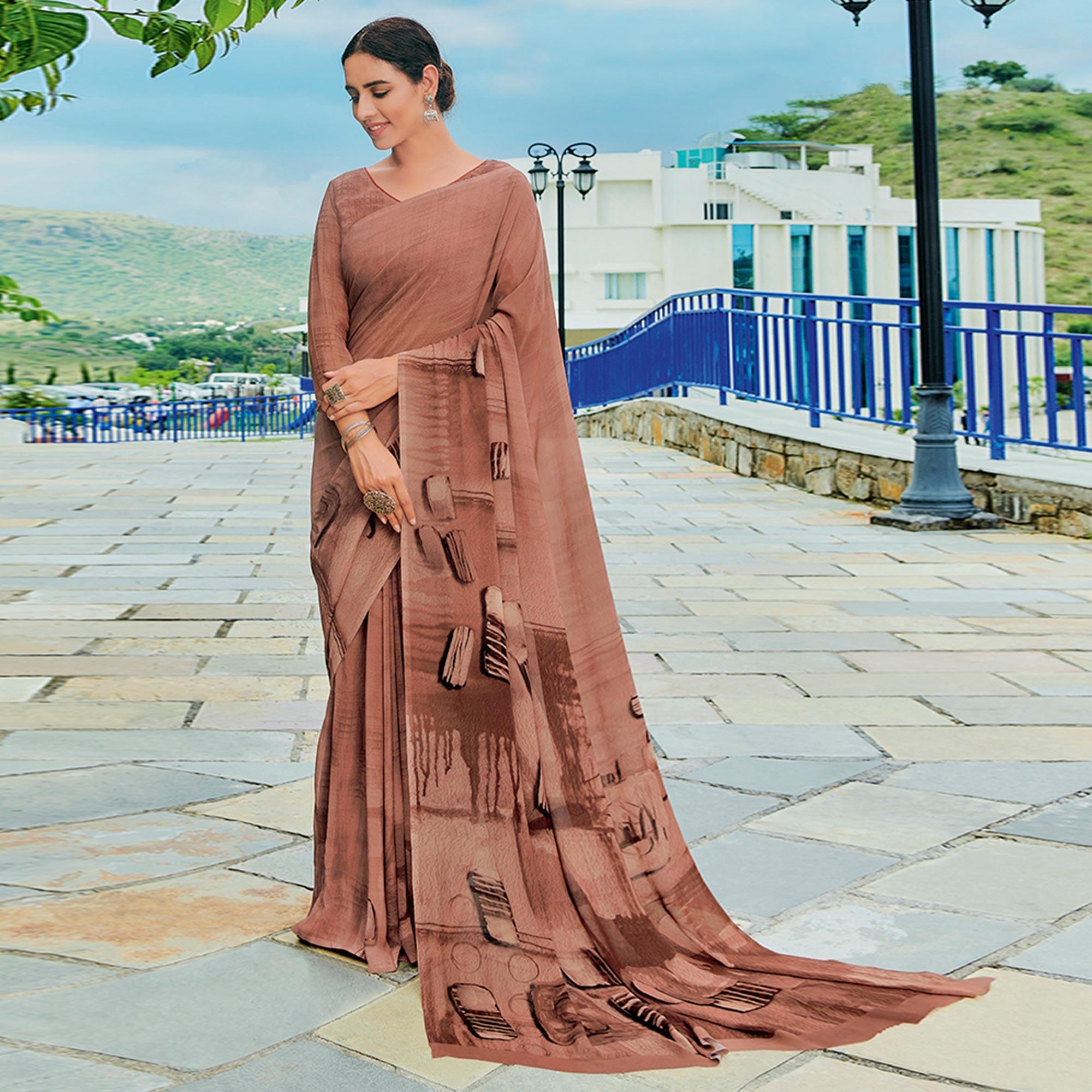 Brown Printed Georgette Saree - Peachmode