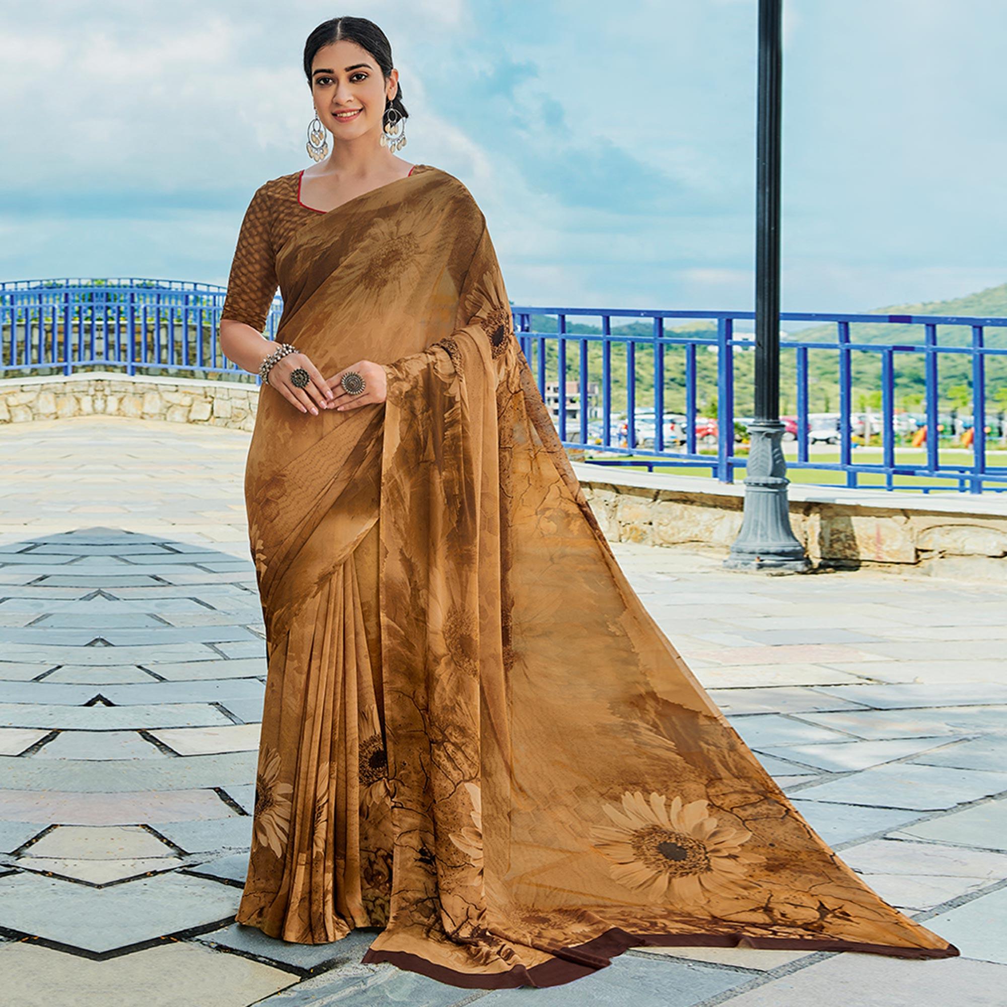 Brown Printed Georgette Saree - Peachmode