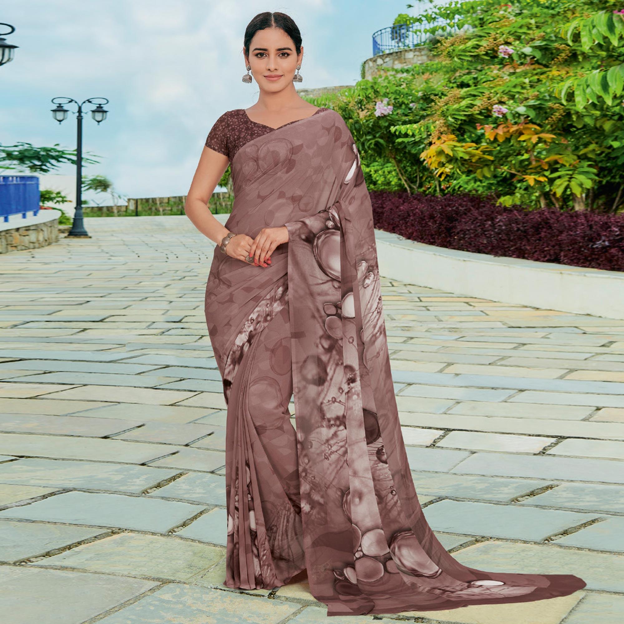Brown Printed Georgette Saree - Peachmode