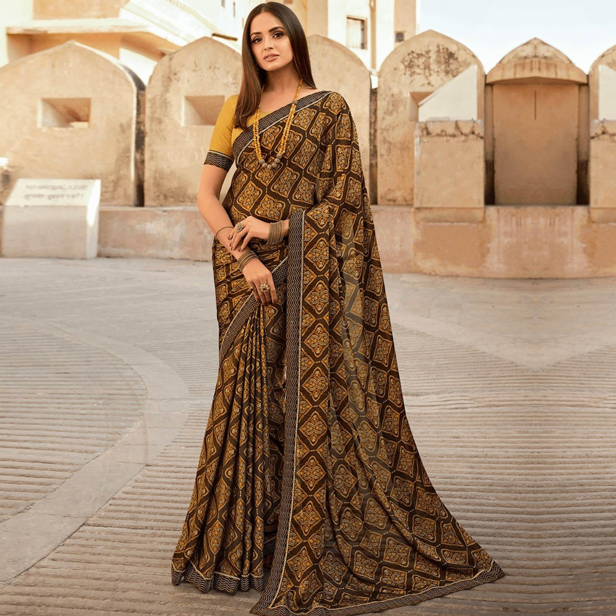 Brown Printed Georgette Saree - Peachmode