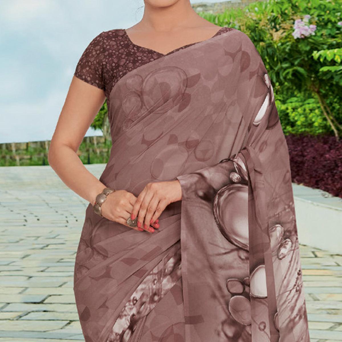 Brown Printed Georgette Saree - Peachmode