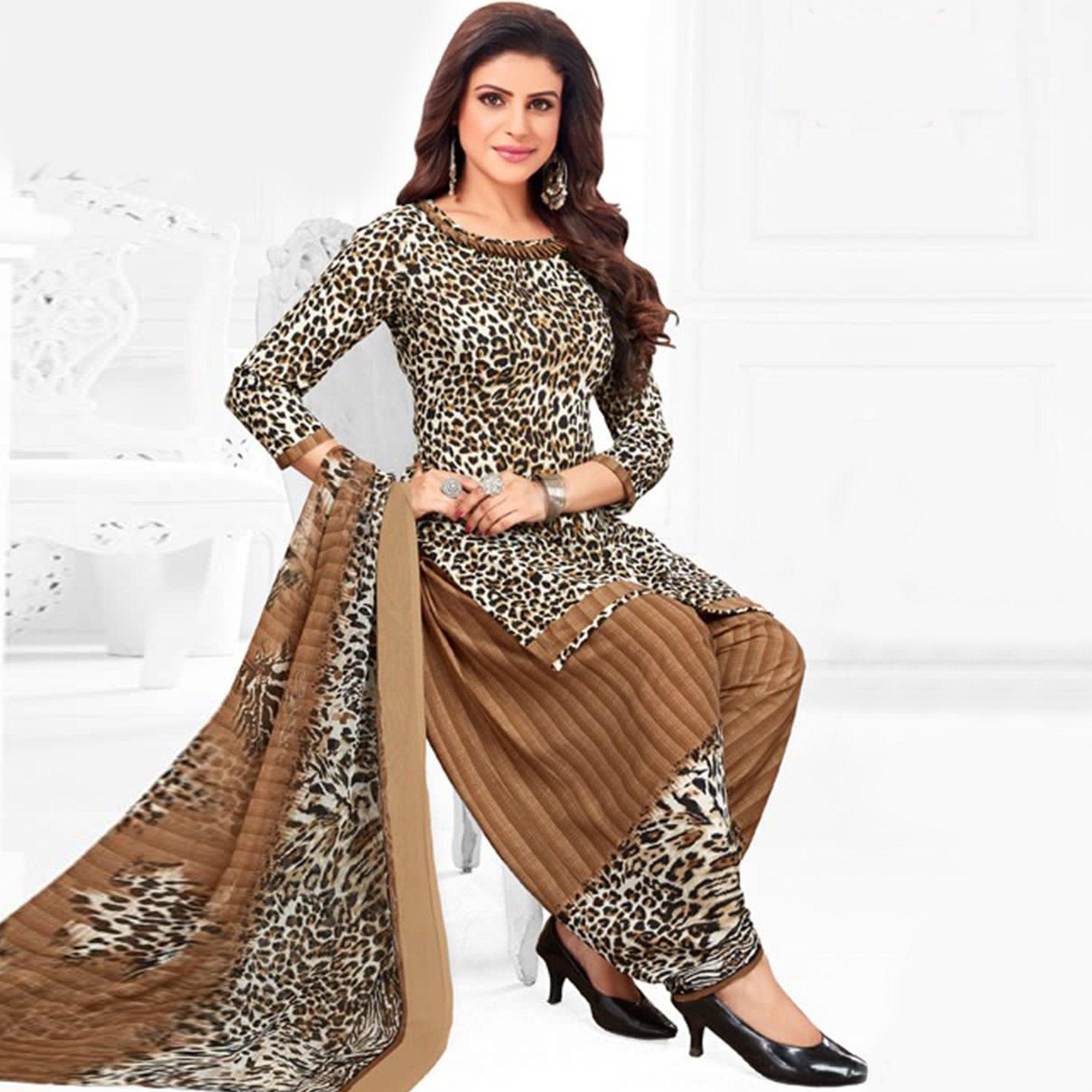 Brown Printed Leon Patiala Dress Material - Peachmode