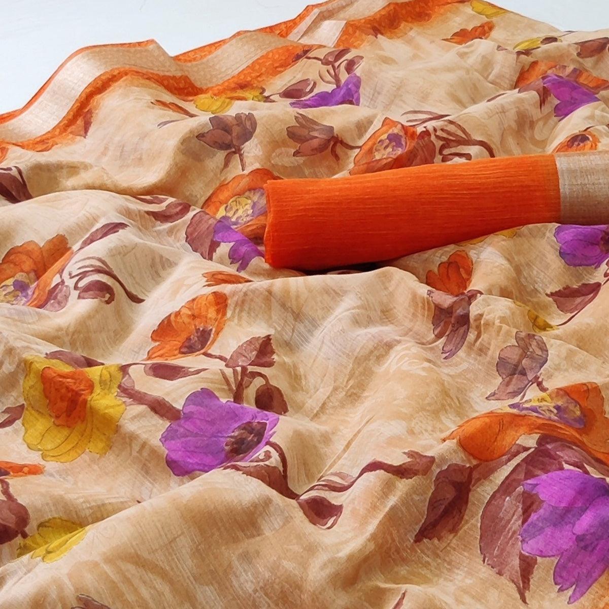 Brown Printed Linen Saree - Peachmode