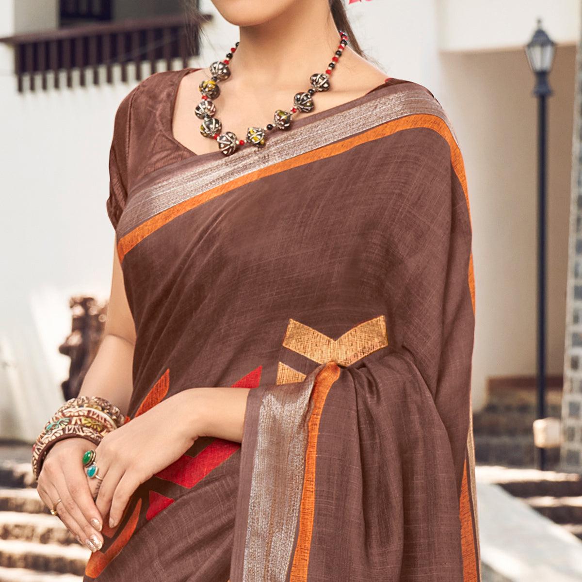 Brown Printed Linen Saree - Peachmode