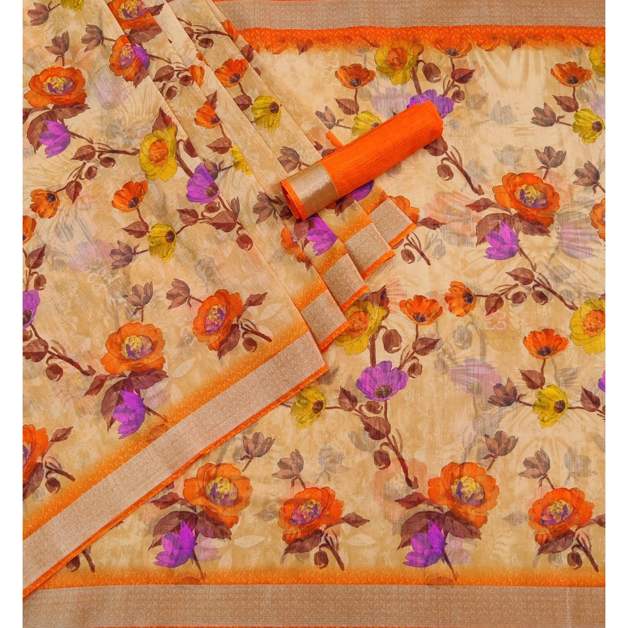Brown Printed Linen Saree - Peachmode